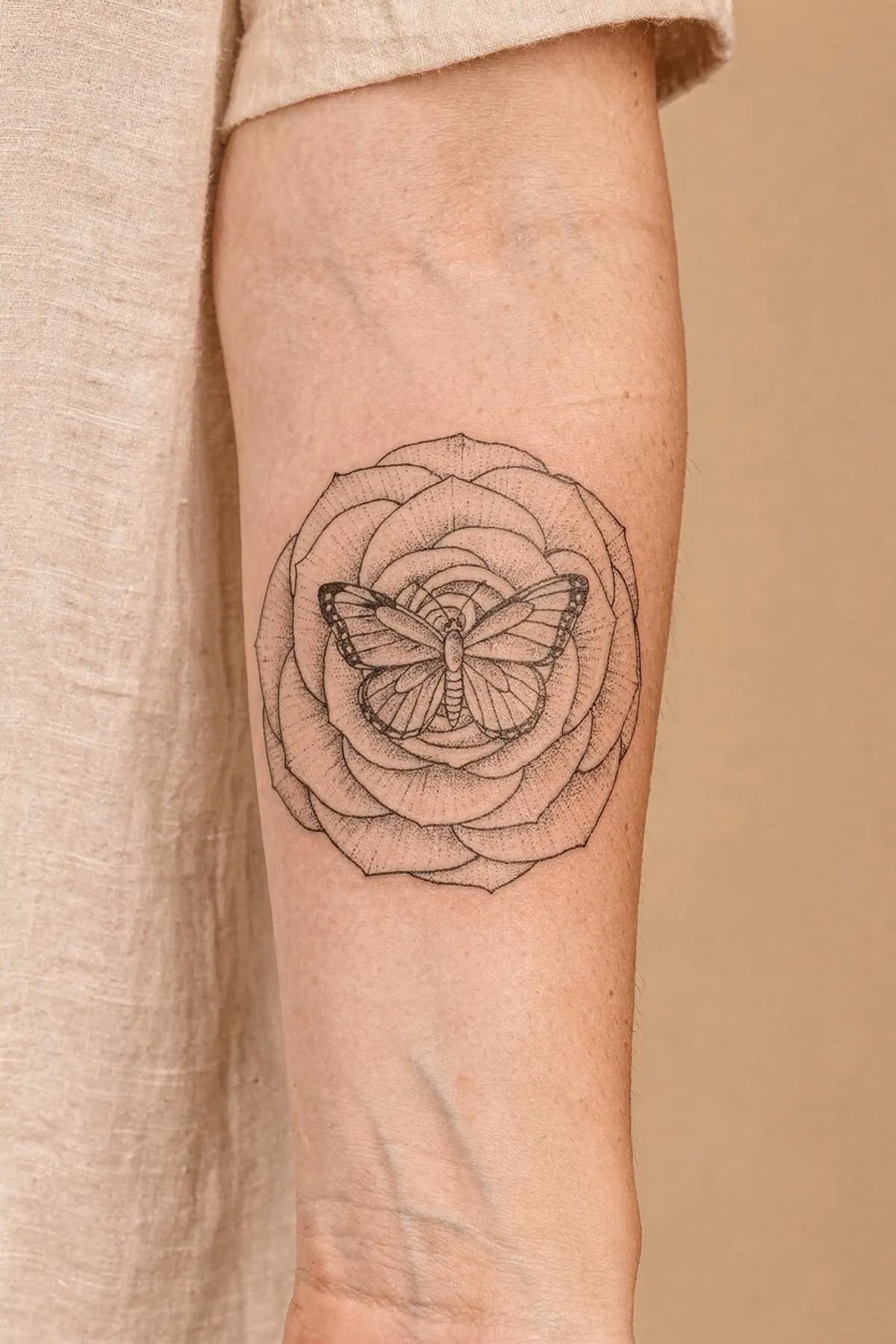 Rose in Draufsicht als Spirale am Unterarm, in der Mitte ein Falter mit flach geöffneten Flügeln