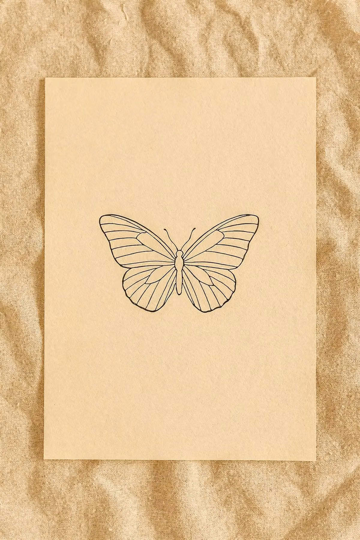 Schmetterling Tattoo Vorlage als haarfeiner Umriss mit zarten Flügeladern auf cremefarbenem Papier