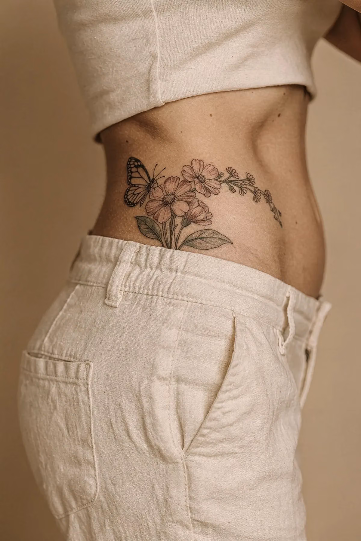 Schmetterling Tattoo an der Hüfte mit altrosa Wildblumen und salbeigrünen Blättern, eine Blütenranke schwingt nach hinten