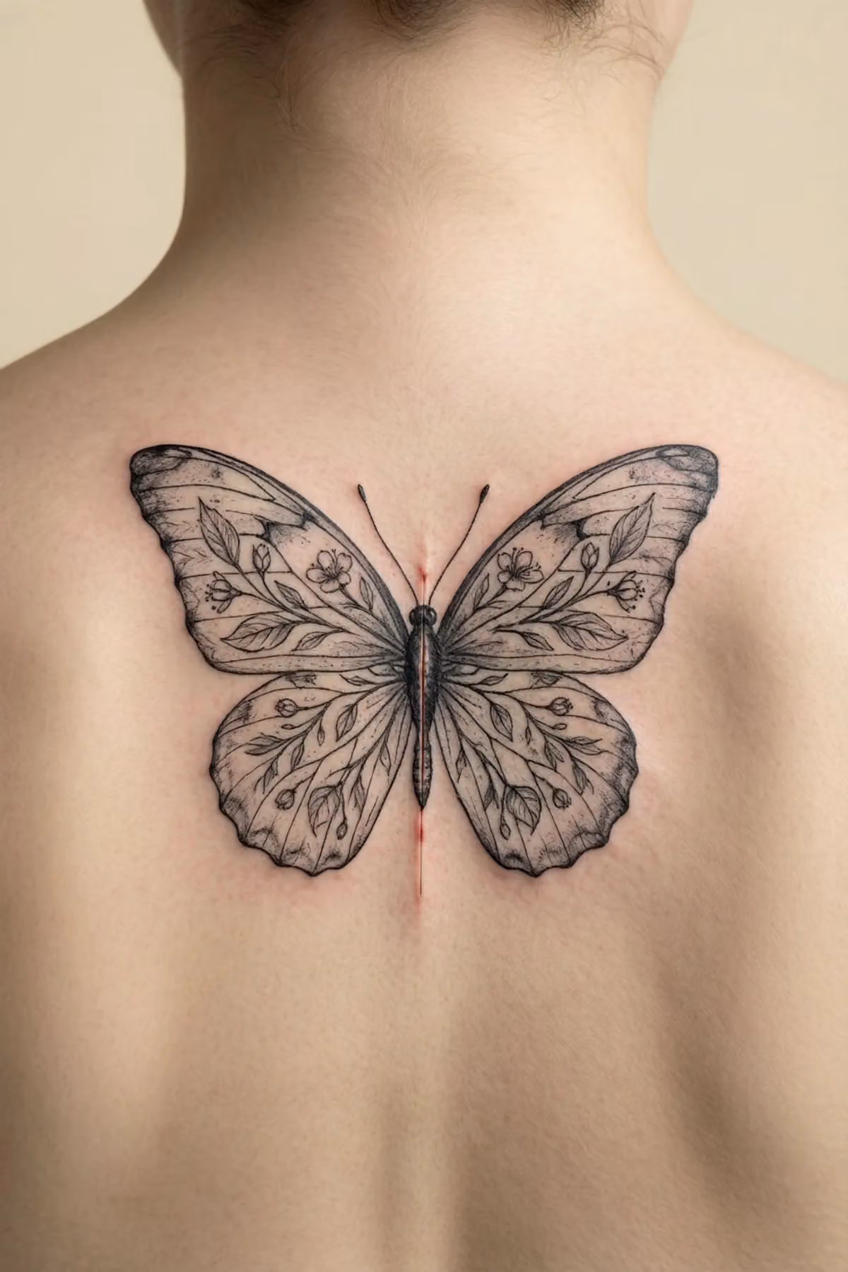 Großer Fineline-Schmetterling mit floral gefüllten Flügeln, mittig zwischen den Schulterblättern