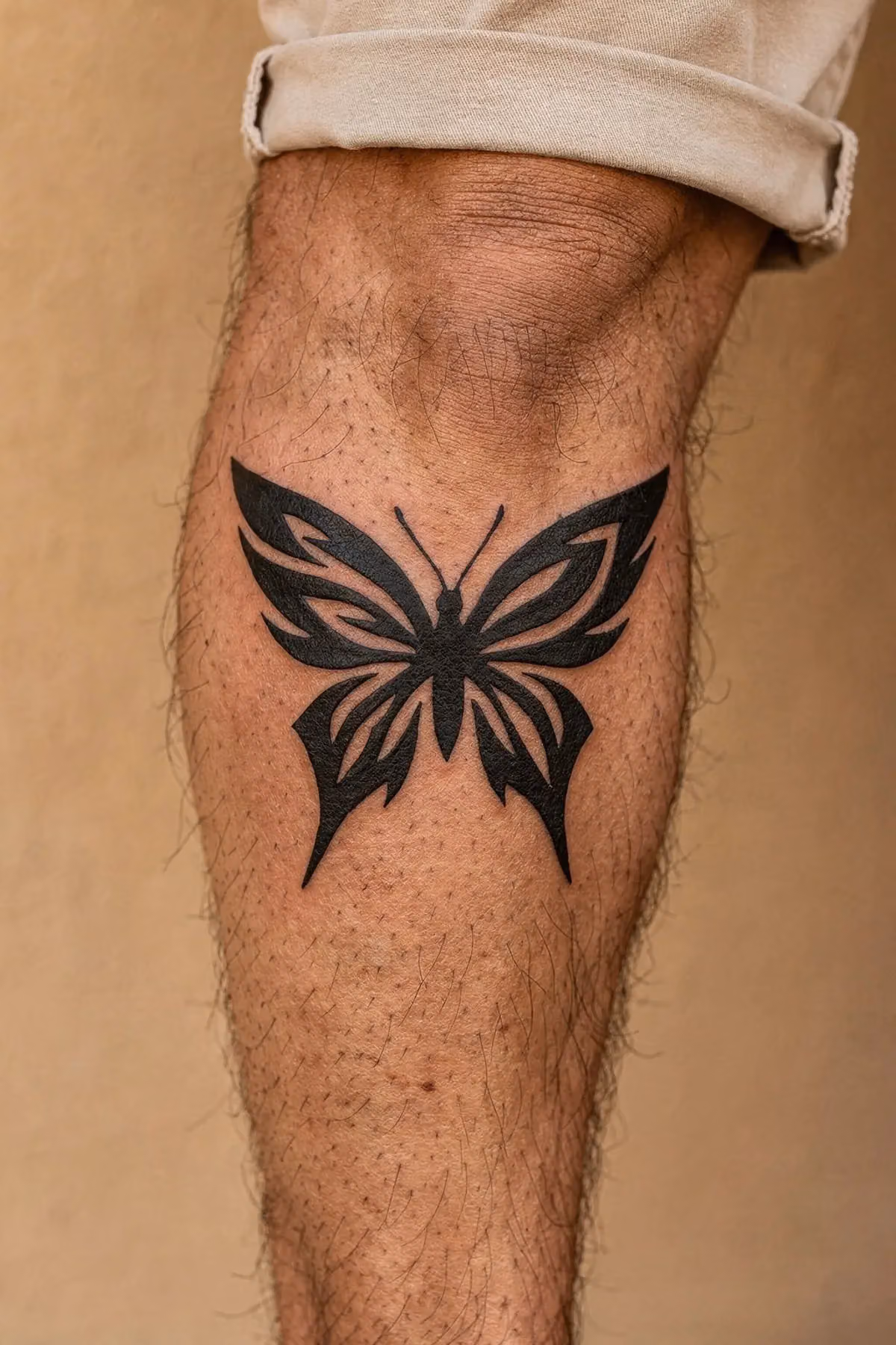 Tribal-Schmetterling Tattoo aus spitzen schwarzen Formen am Schienbein, direkt unter dem Knie