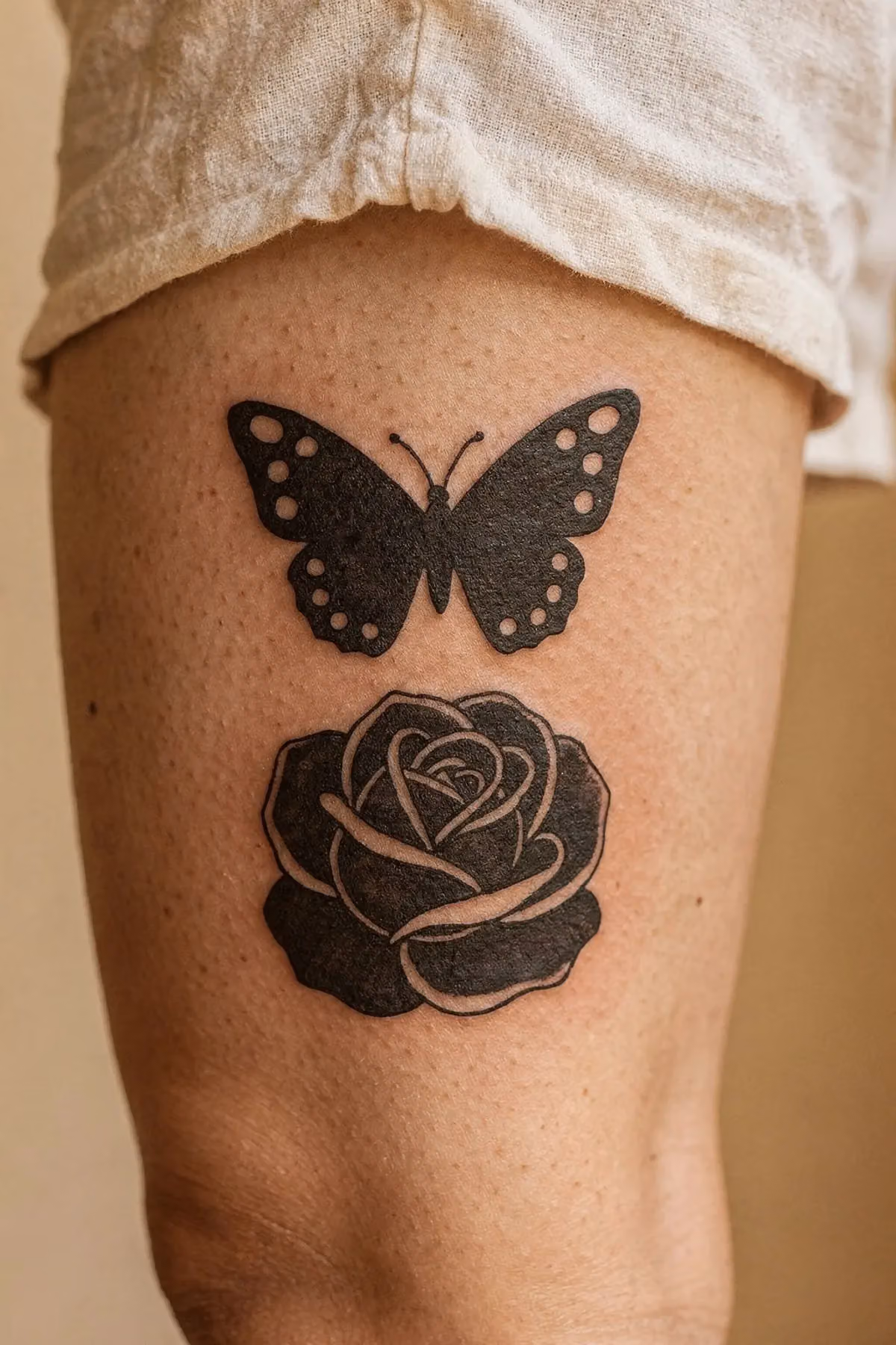 Blackwork-Falter mit ausgesparten Punkten über einer massiv schwarzen Rose am Oberschenkel