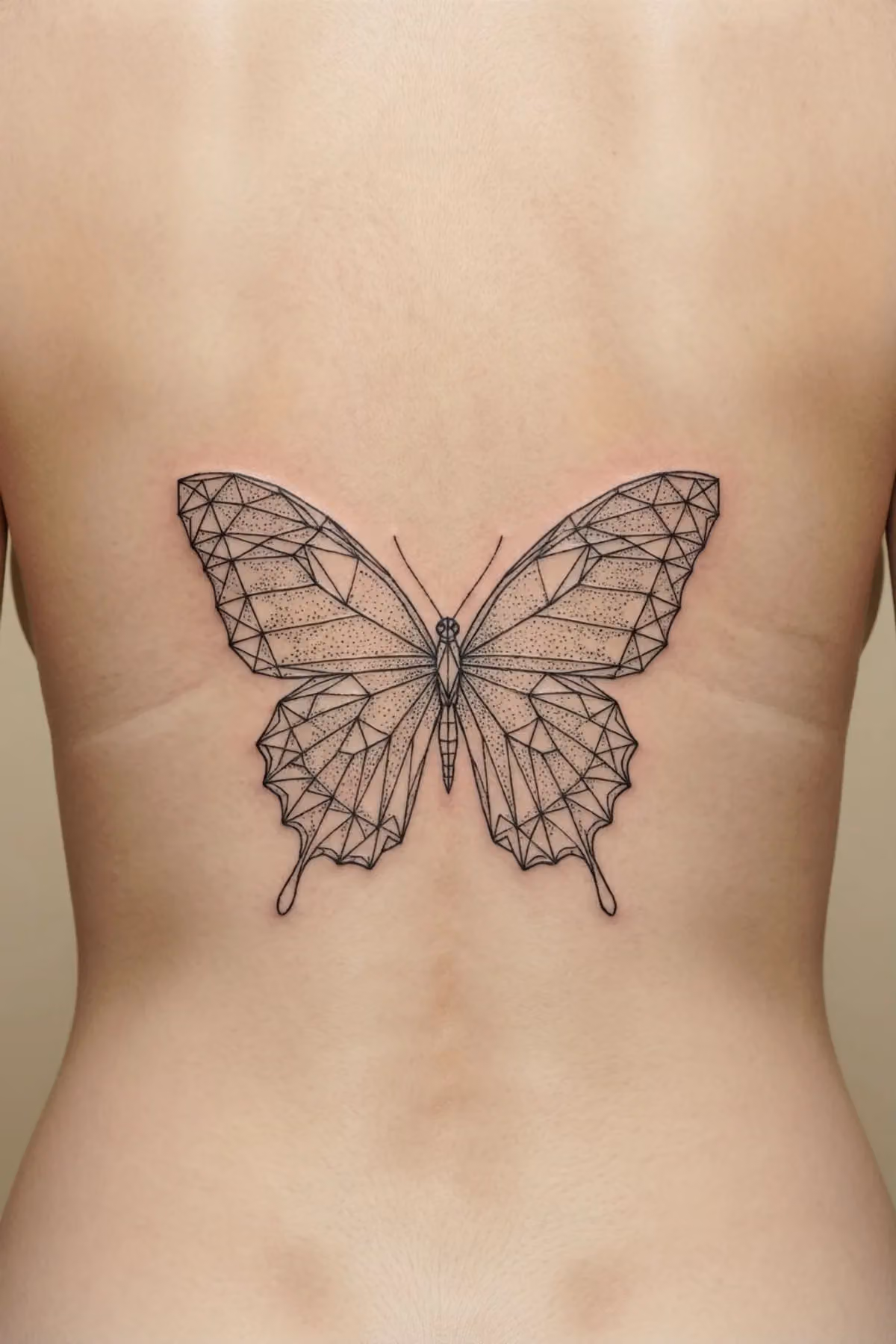 Geometrisch facettierter Schmetterling aus Dreiecken und Dotwork, mittig auf dem unteren Rücken