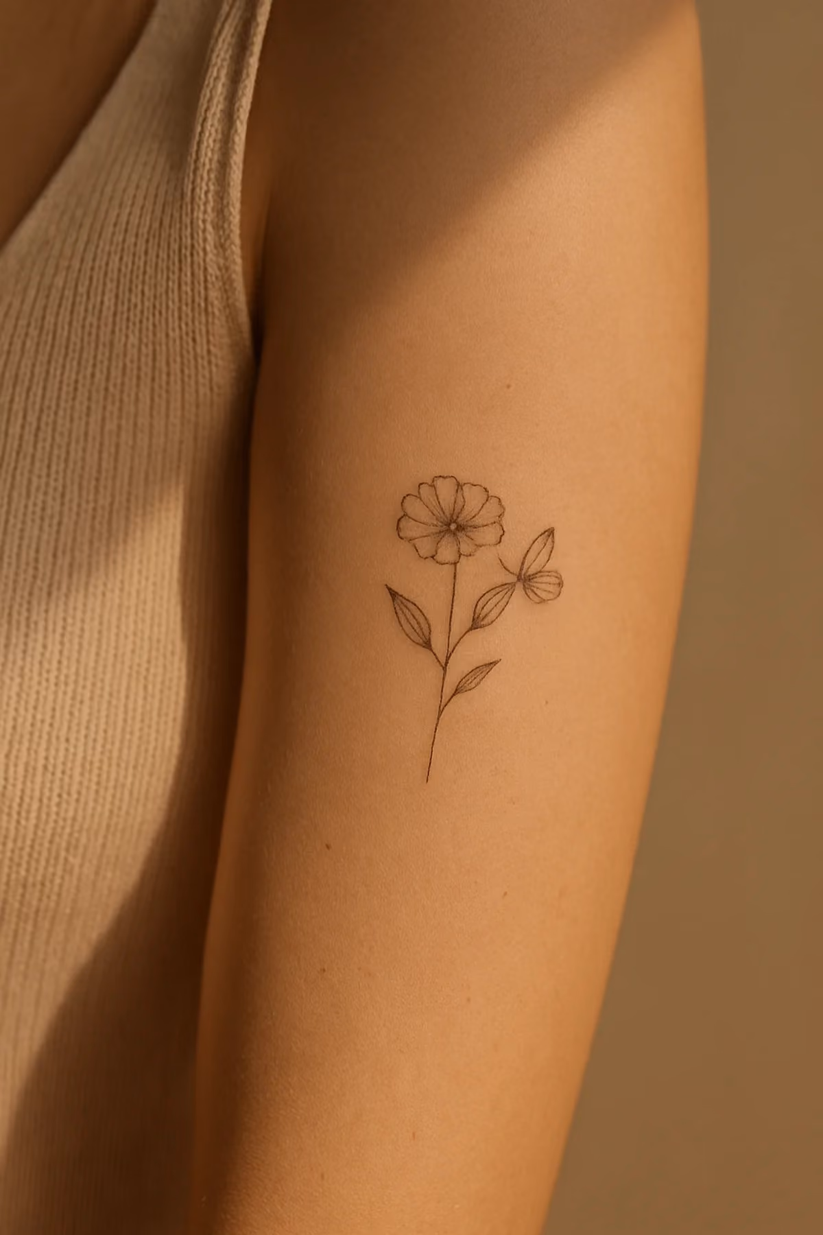 Kleines Motiv aus einer bestimmten Blüte und einem Falter am Oberarm