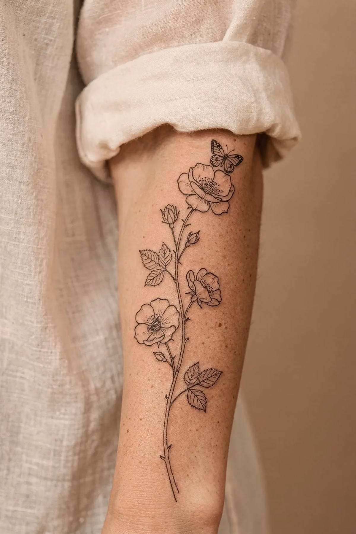 Feine Wildrosenranke mit offenen Blüten und Knospen am Unterarm, ein einzelner Falter an der Spitze