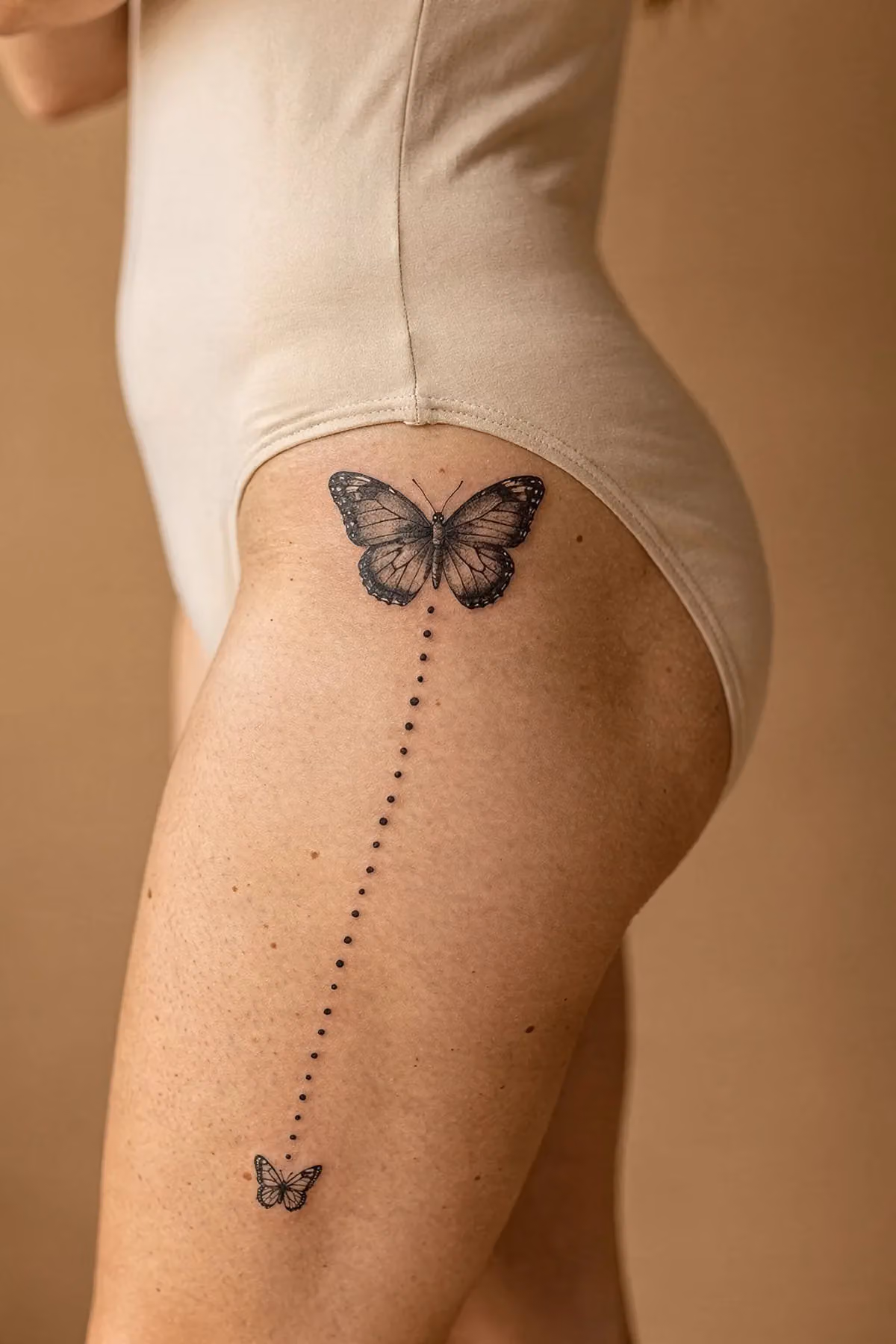 Schmetterling Tattoo unter dem hohen Beinausschnitt eines Badeanzugs, eine Punktlinie führt zu einem kleinen Falter am Oberschenkel