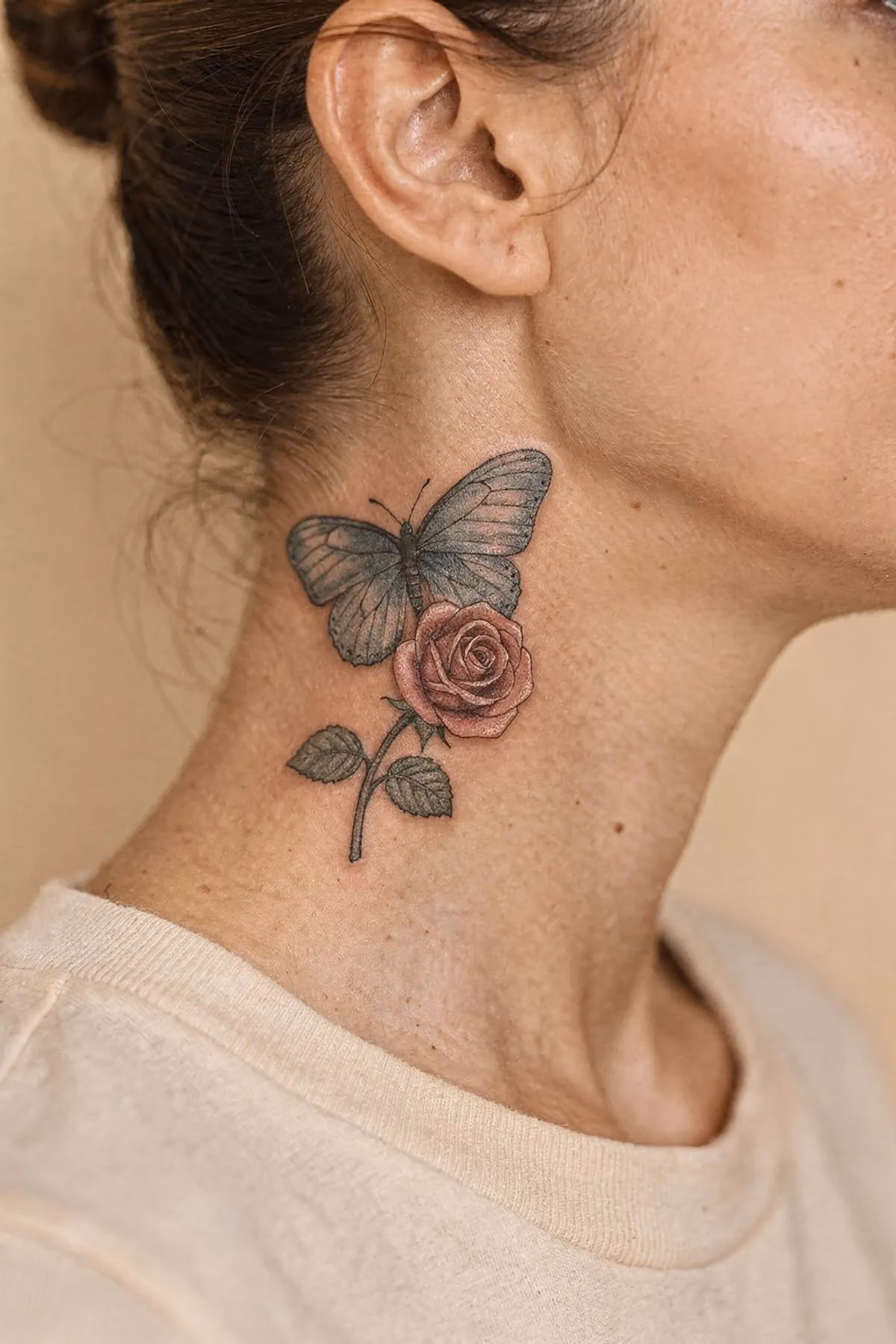 Kleine altrosa Rose unter einem blaugrauen Schmetterling seitlich am Hals hinter dem Ohr