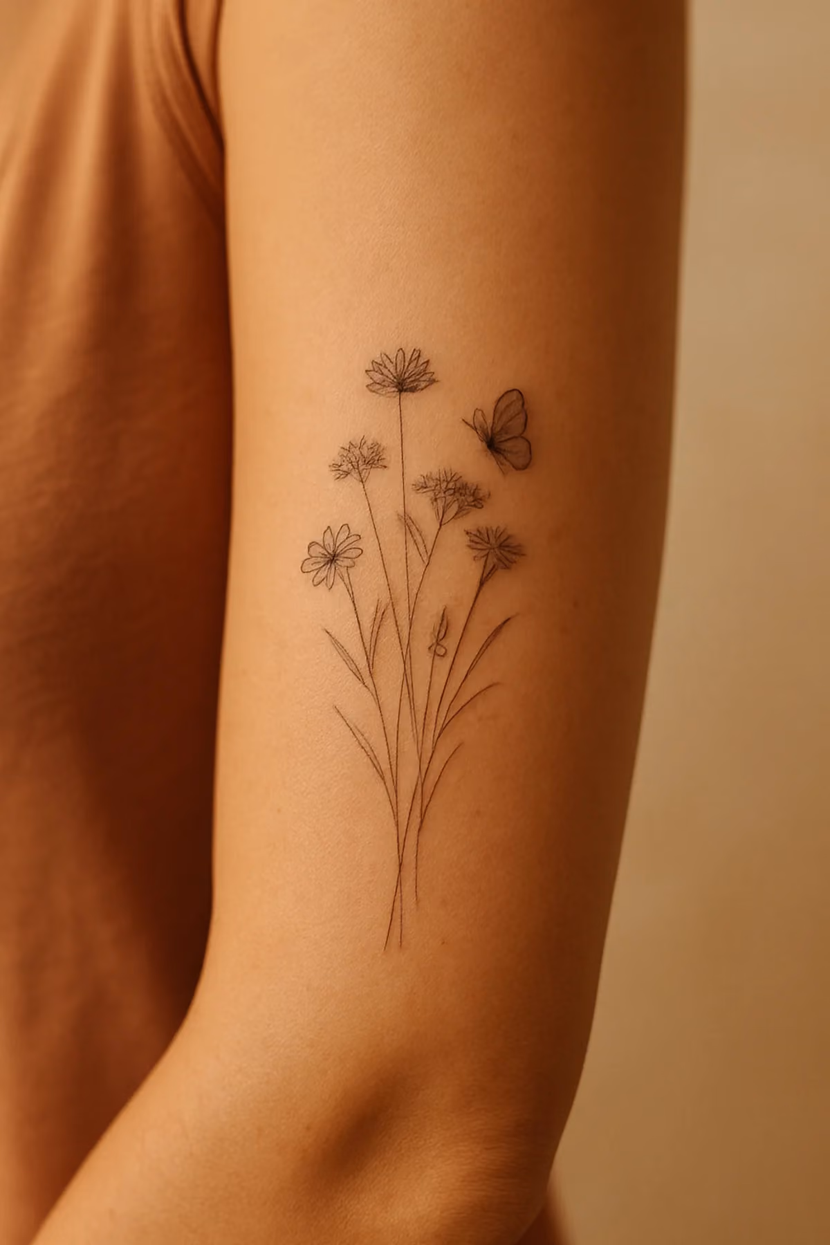 Wiesenblumen und Gräser mit einem Falter dazwischen