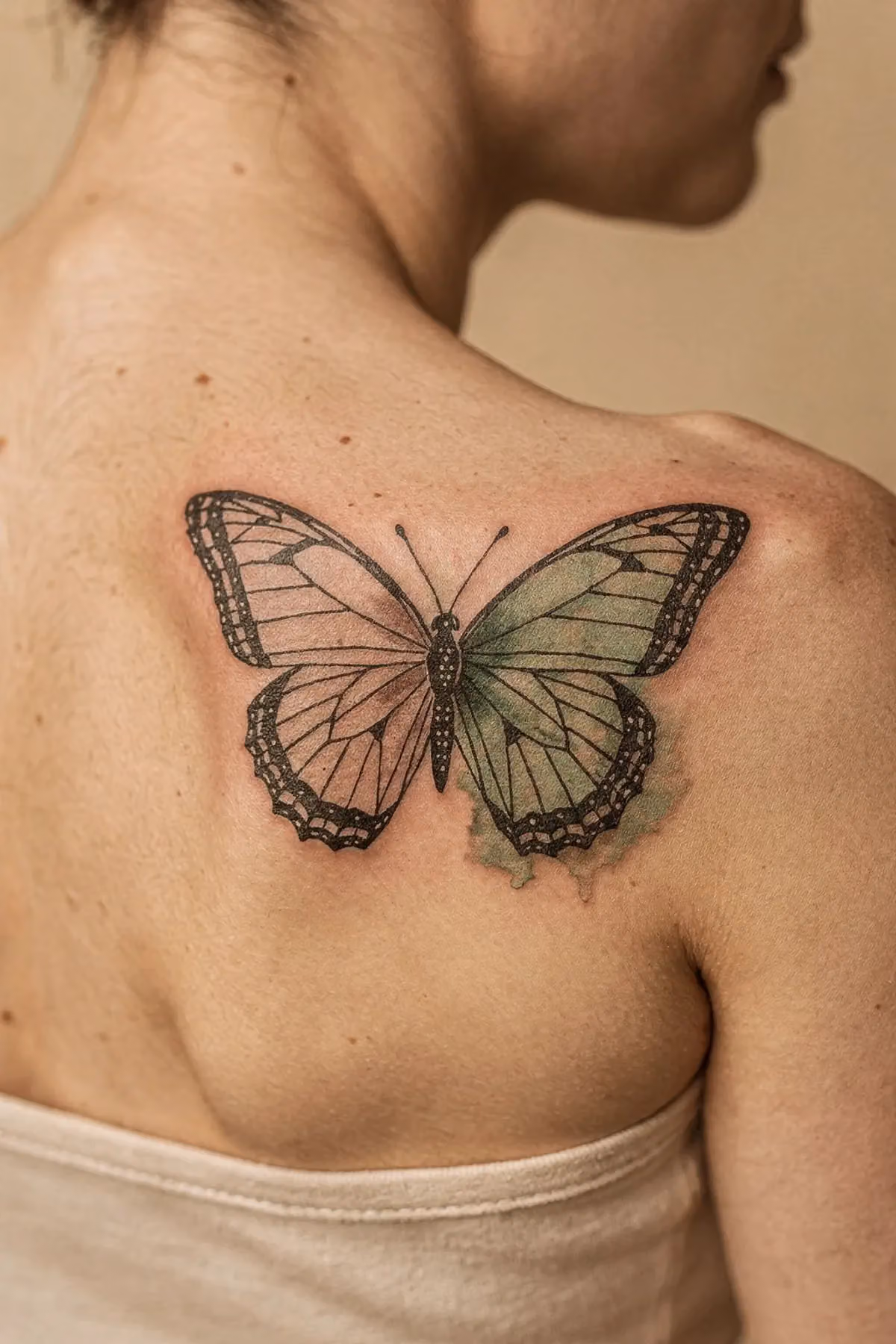 Vertikal geteiltes Schmetterling-Tattoo auf einem Schulterblatt: links geometrisch, rechts Aquarell.
