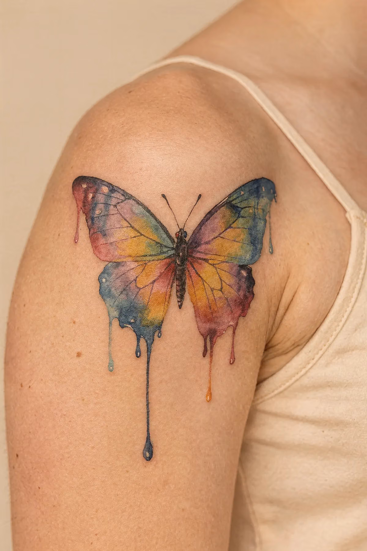 Linke obere Schulter, Nahaufnahme, aquarell‑Schmetterlingstattoo neben cremefarbener Trägerkante