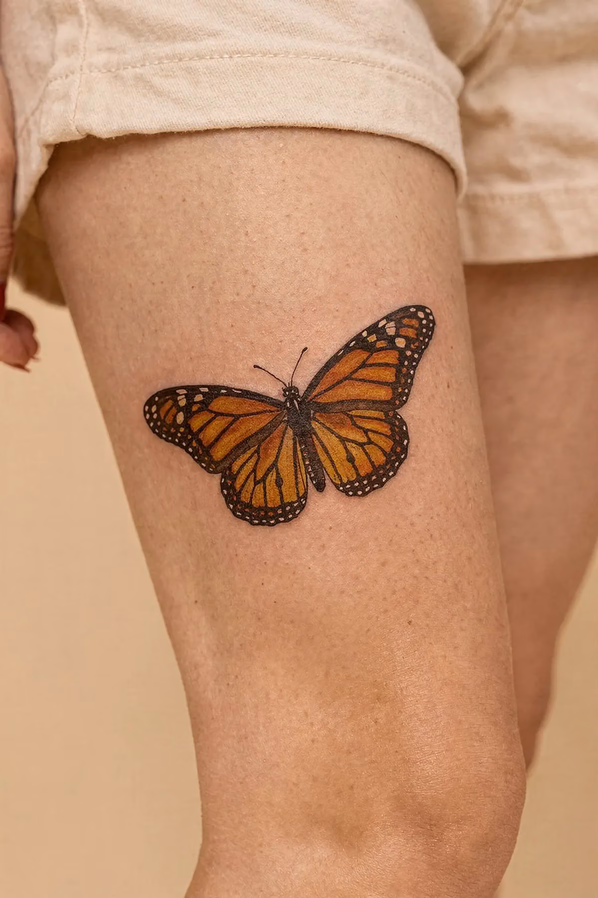 Diagonales Monarchfalter-Tattoo auf der Oberschenkelvorderseite, orange-schwarz, Flügel leicht geöffnet.