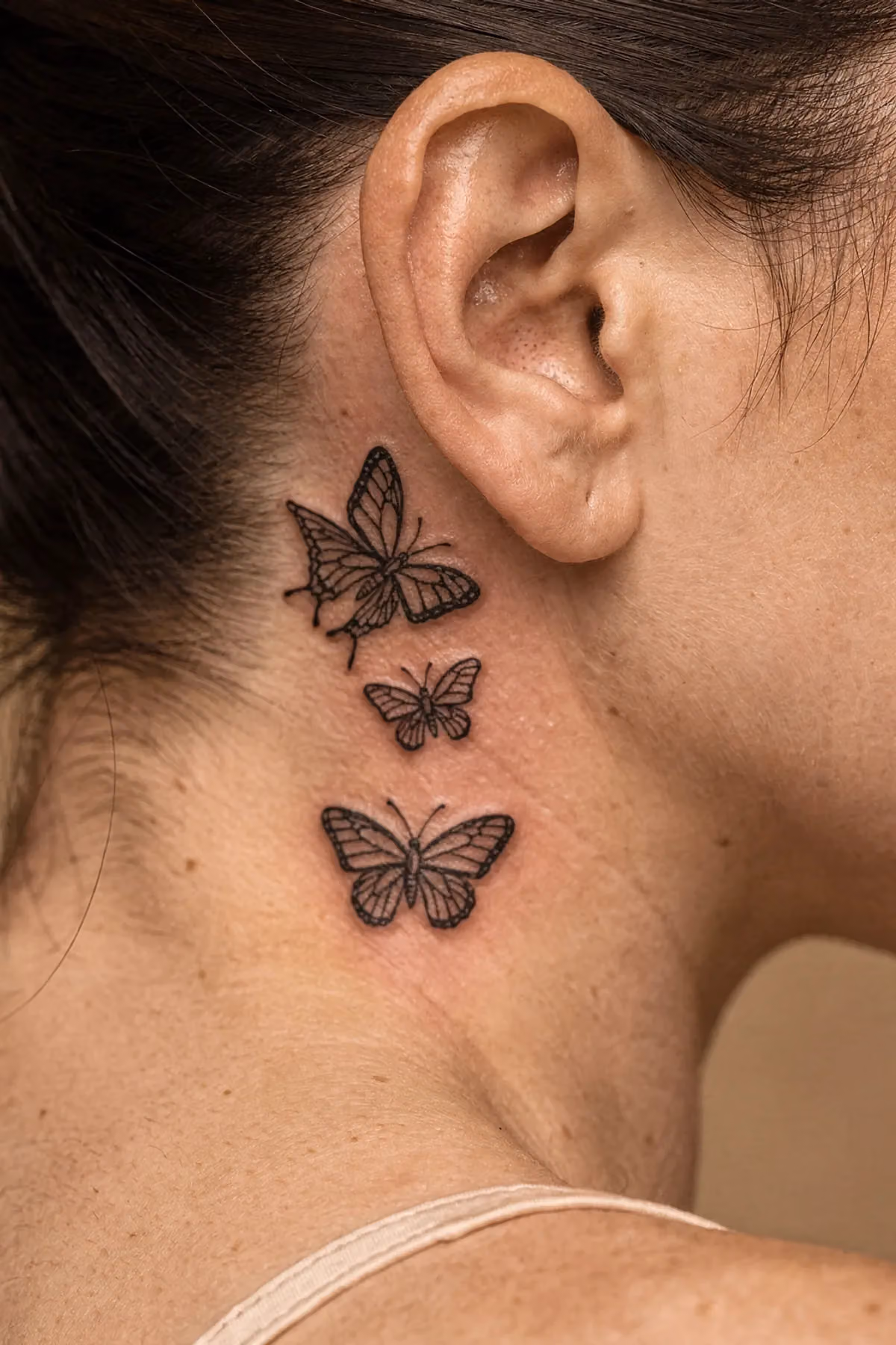 Verheilte Grafik‑Schmetterlings-Tattoos vertikal hinter dem Ohr über dem Mastoid