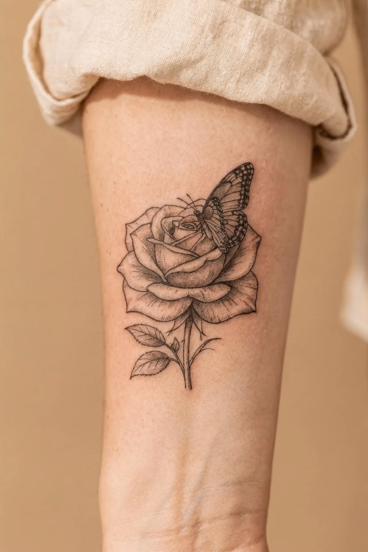 Rose und Schmetterling Tattoo am Unterarm, der Falter sitzt schräg auf den oberen Blütenblättern