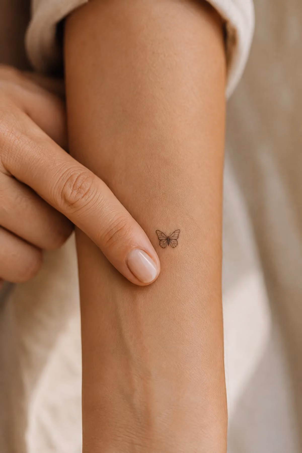 Fingerkuppe direkt neben einem winzigen Motiv am Unterarm als Größenvergleich