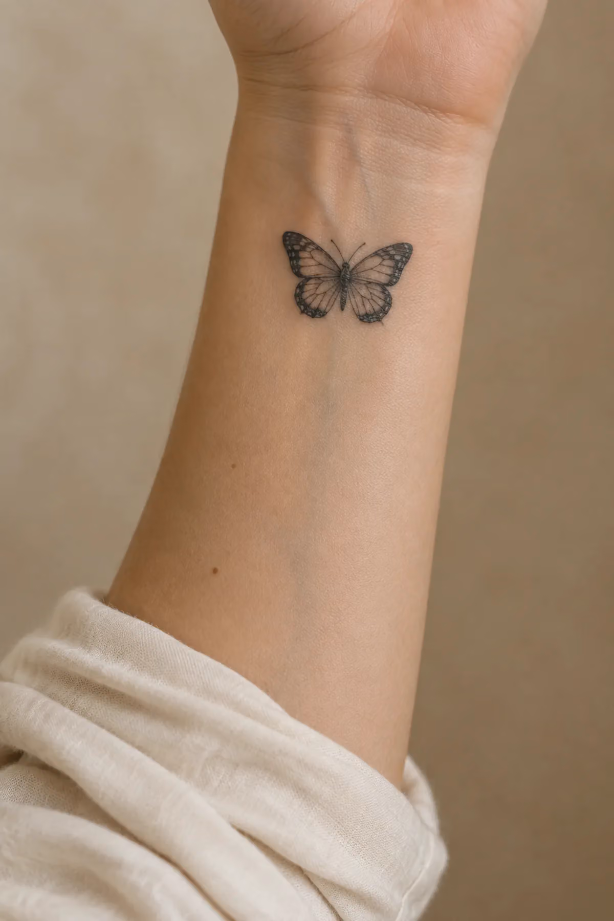 Handgelenkinnenseite einer Frau mit kleinem schwarzen Fine-Line-Schmetterling-Tattoo
