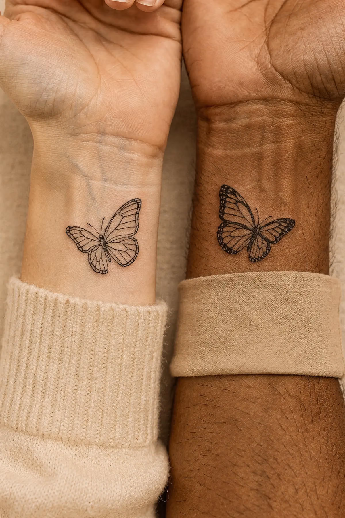 Zwei innere Handgelenke mit je einem kleinen, gespiegelten Schmetterling in feiner schwarzer Linienarbeit nebeneinander.