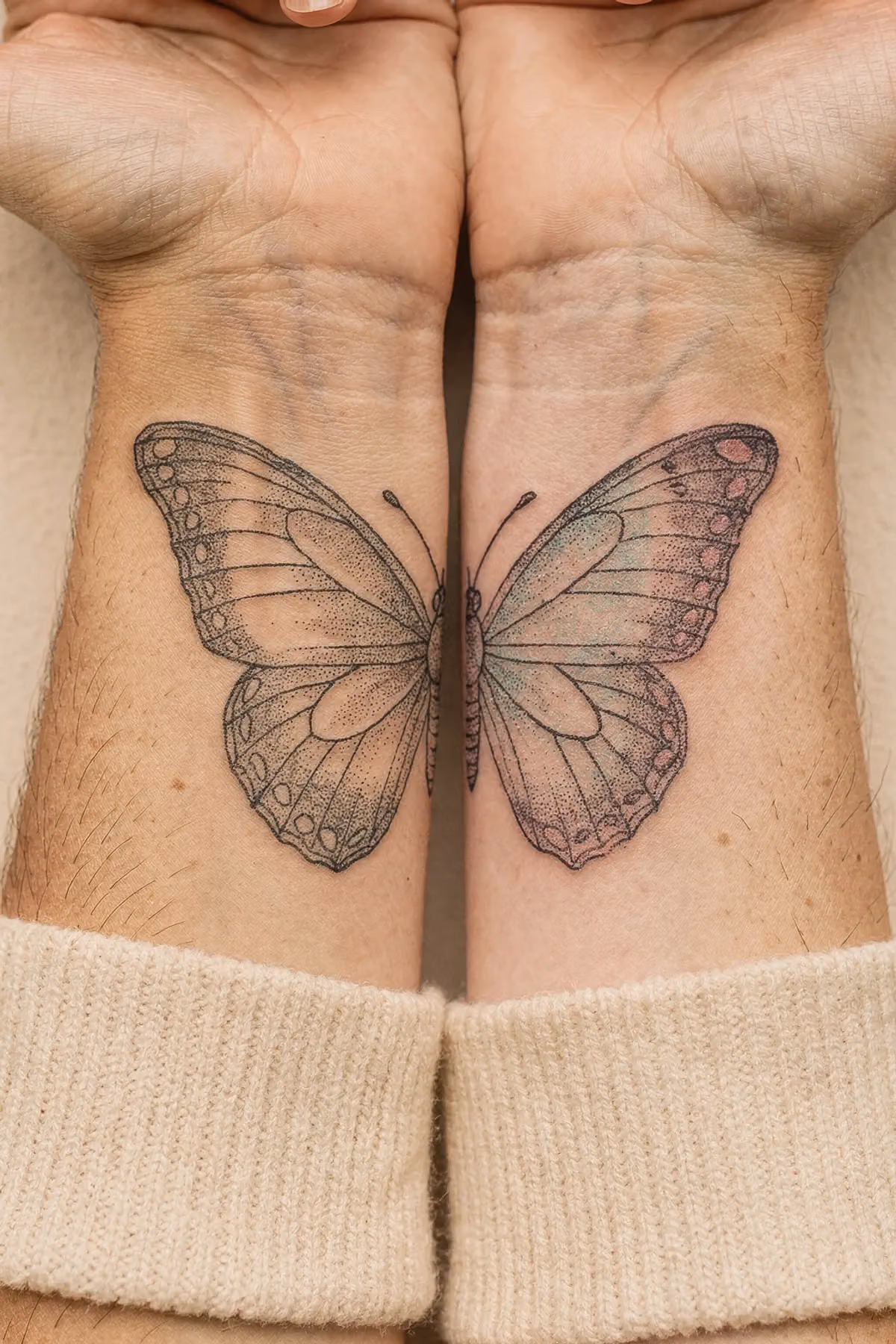 Zwei innere Handgelenke mit jeweils halbem Schmetterlings‑Tattoo, feiner Linien‑und Punktarbeit, Pulloverärmeln.