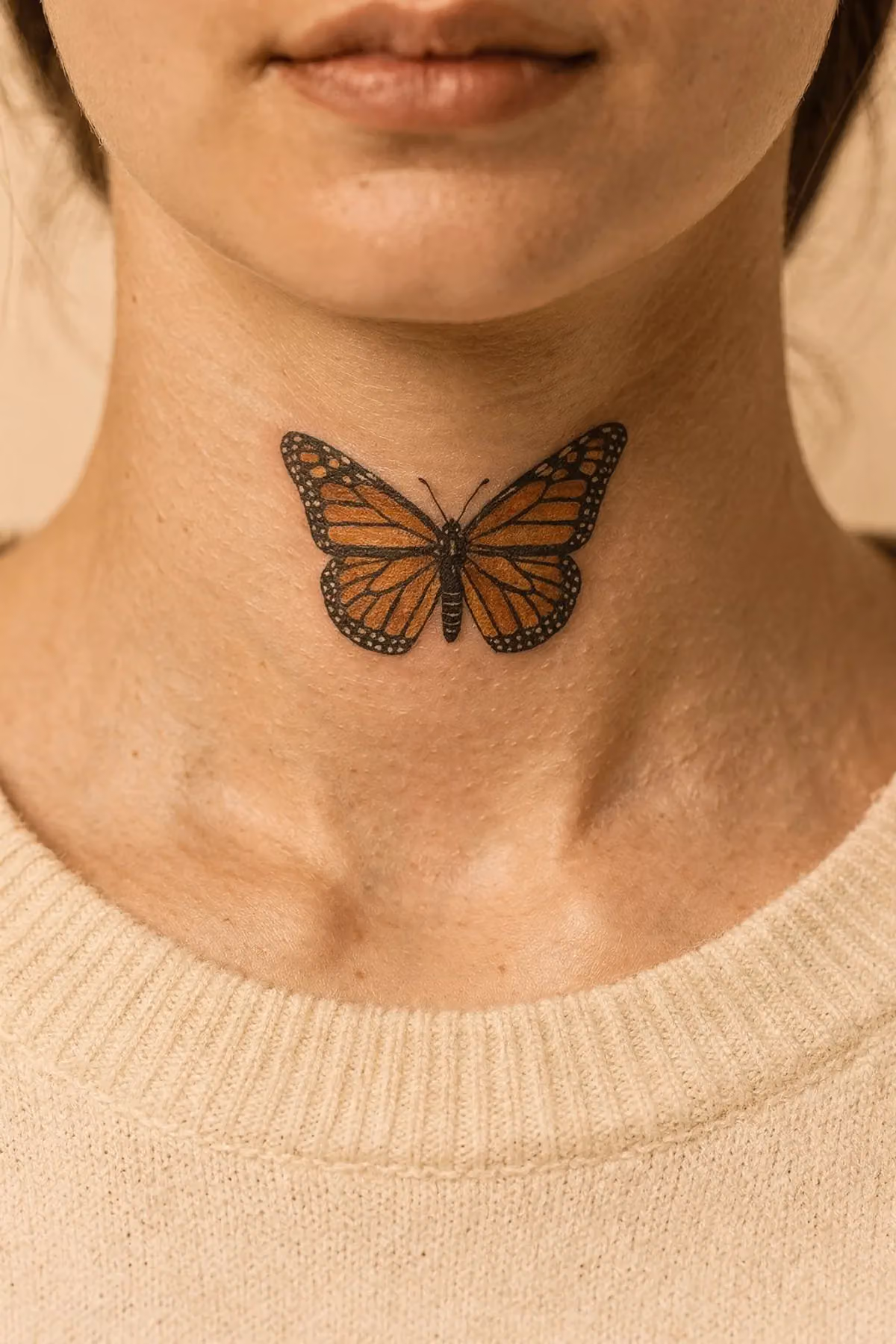 Realistisches Monarchfalter-Tattoo zentral auf der Halsvorderseite, Flügelpaare umschließen den Kehlkopf.