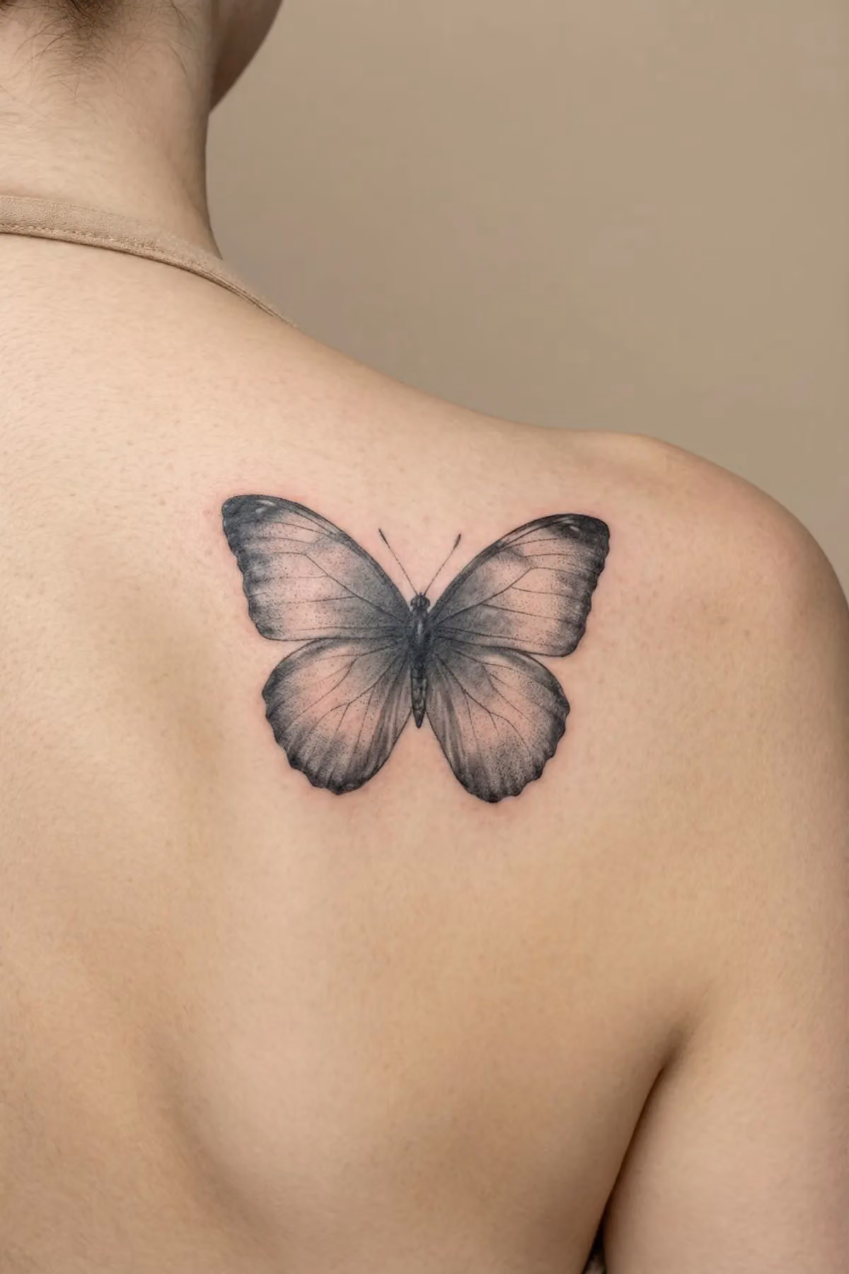 Realistisches schwarz-graues Schmetterling-Tattoo mit gepunkteter Flügelschattierung auf einem Schulterblatt