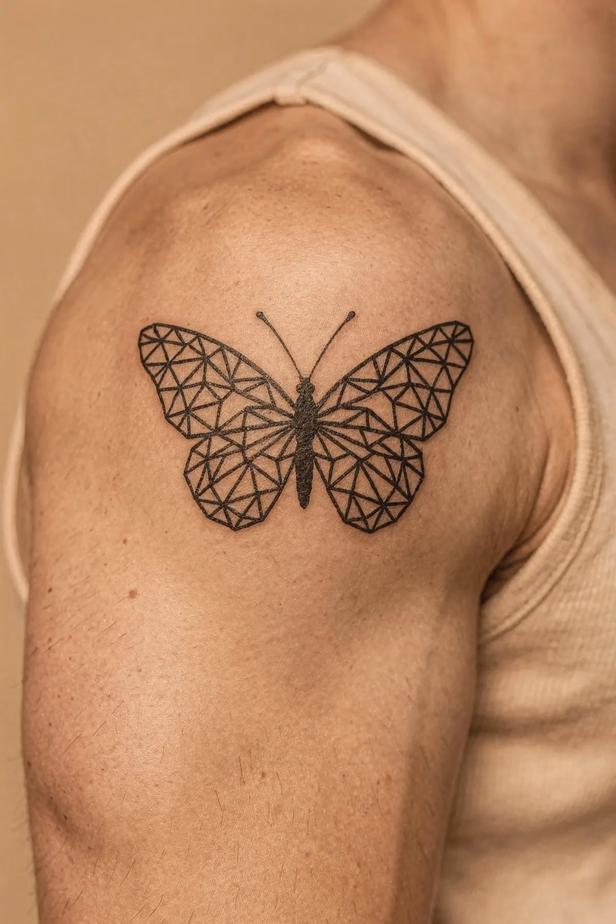Geometrisches Schmetterlings-Tattoo in reinem Schwarz auf der Schulter mit dreieckigen und hexagonalen Mustern.