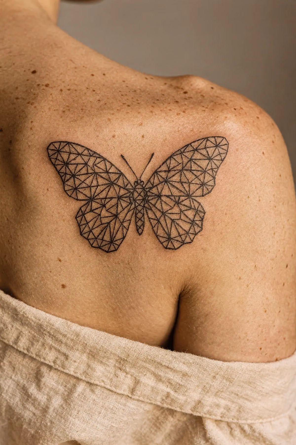 Ein Schmetterling aus ineinandergreifenden Dreiecken auf dem Schulterblatt, der sich der sanften Kurve der Haut anpasst.