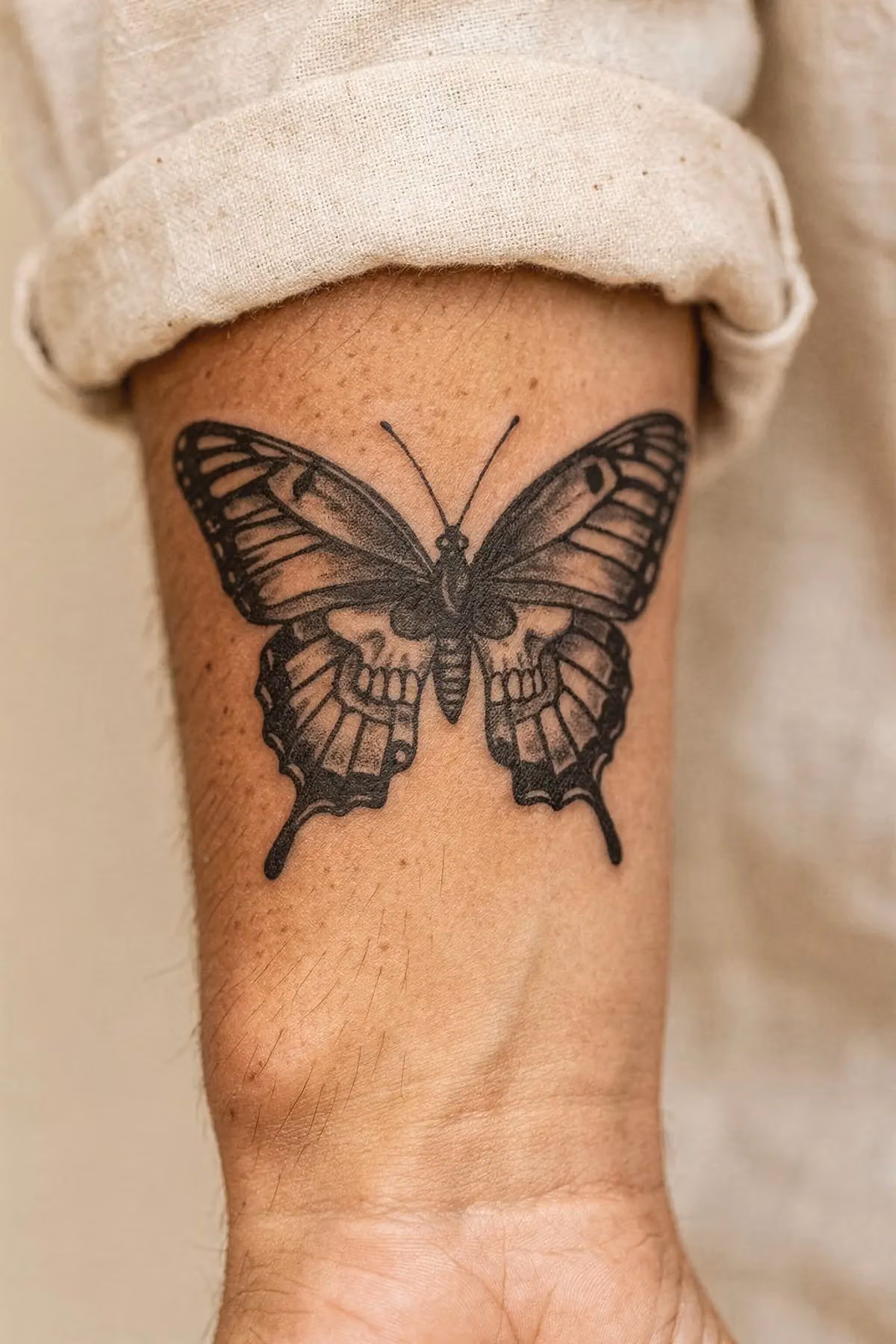 Ein schwarzes Schmetterling-Tattoo am Unterarm, dessen Flügeladern Augenhöhlen und eine Zahnreihe formen.