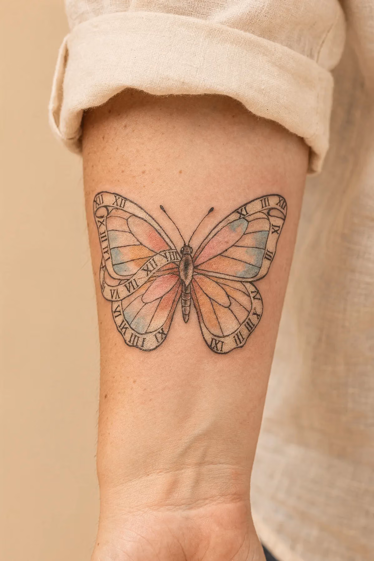 Schmetterling auf Innenunterarm mit römischen Ziffern am Außenrand.