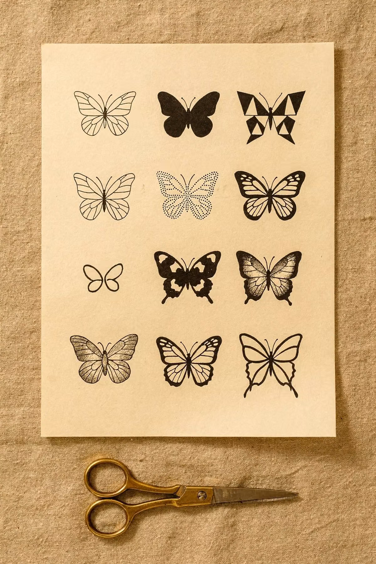 Schmetterling Tattoo Vorlagen in zwölf Stilen im Raster auf einem A4-Blatt, darunter eine Messingschere