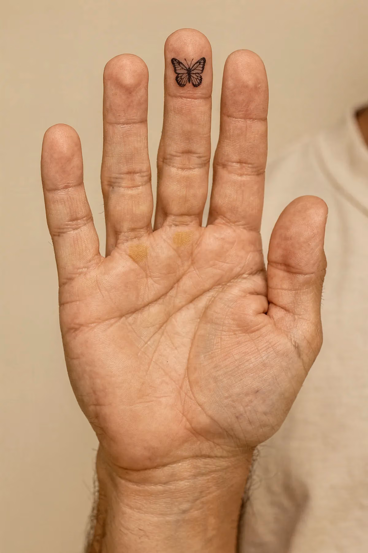 Linke Hand, Finger gestreckt, winziges Fineline-Schmetterlingstattoo auf Fingerkuppe.