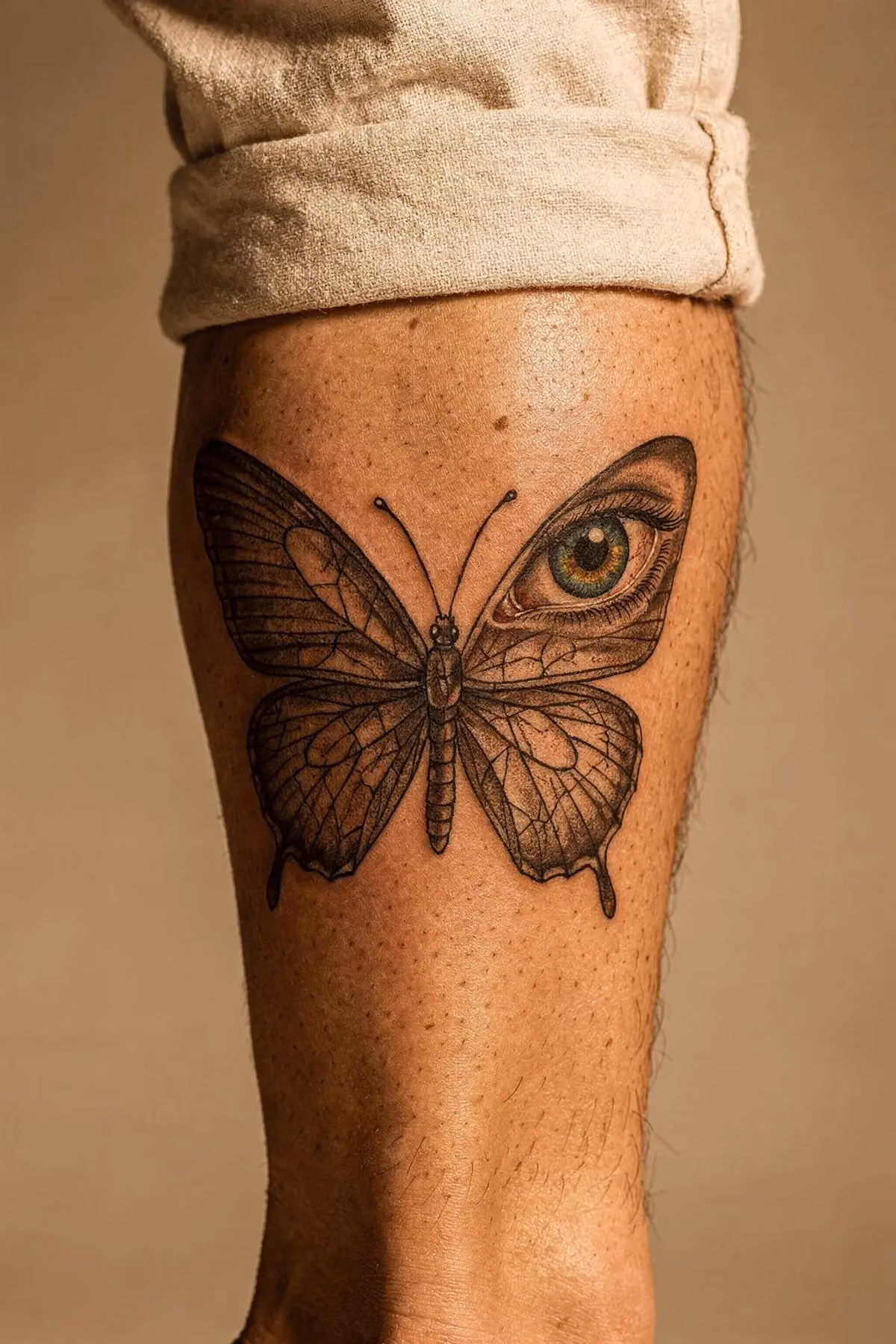 Surrealistisches Schmetterling-Tattoo auf der Wade: Ein oberer Flügel birgt ein menschliches Auge.