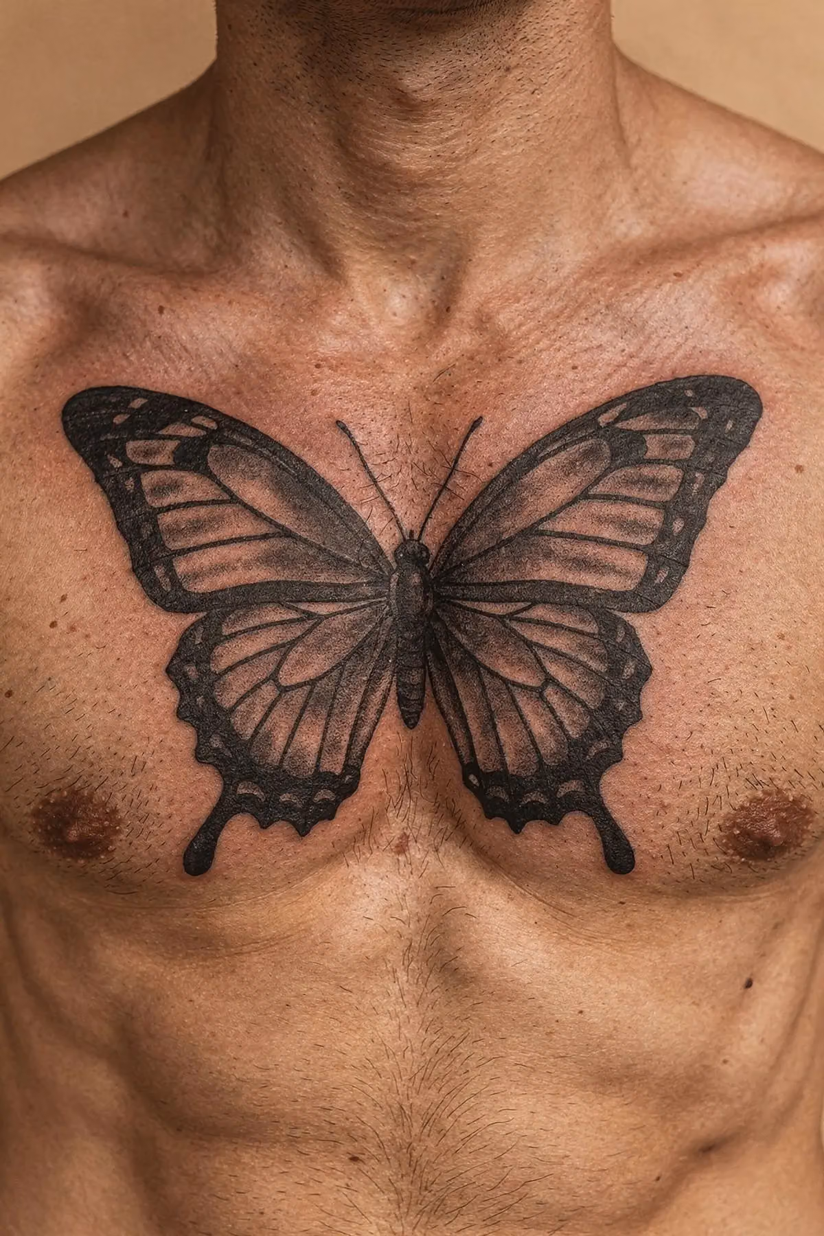 Schmetterling Tattoo in Schwarzgrau mittig auf der Brust eines Mannes, direkt unter den Schlüsselbeinen