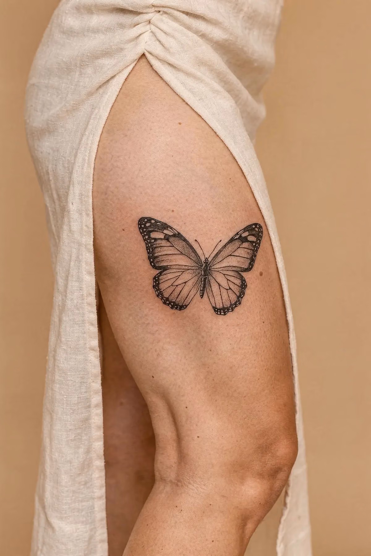 Schmetterling Tattoo am Oberschenkel außen, sichtbar durch den hohen Schlitz eines Leinenrocks