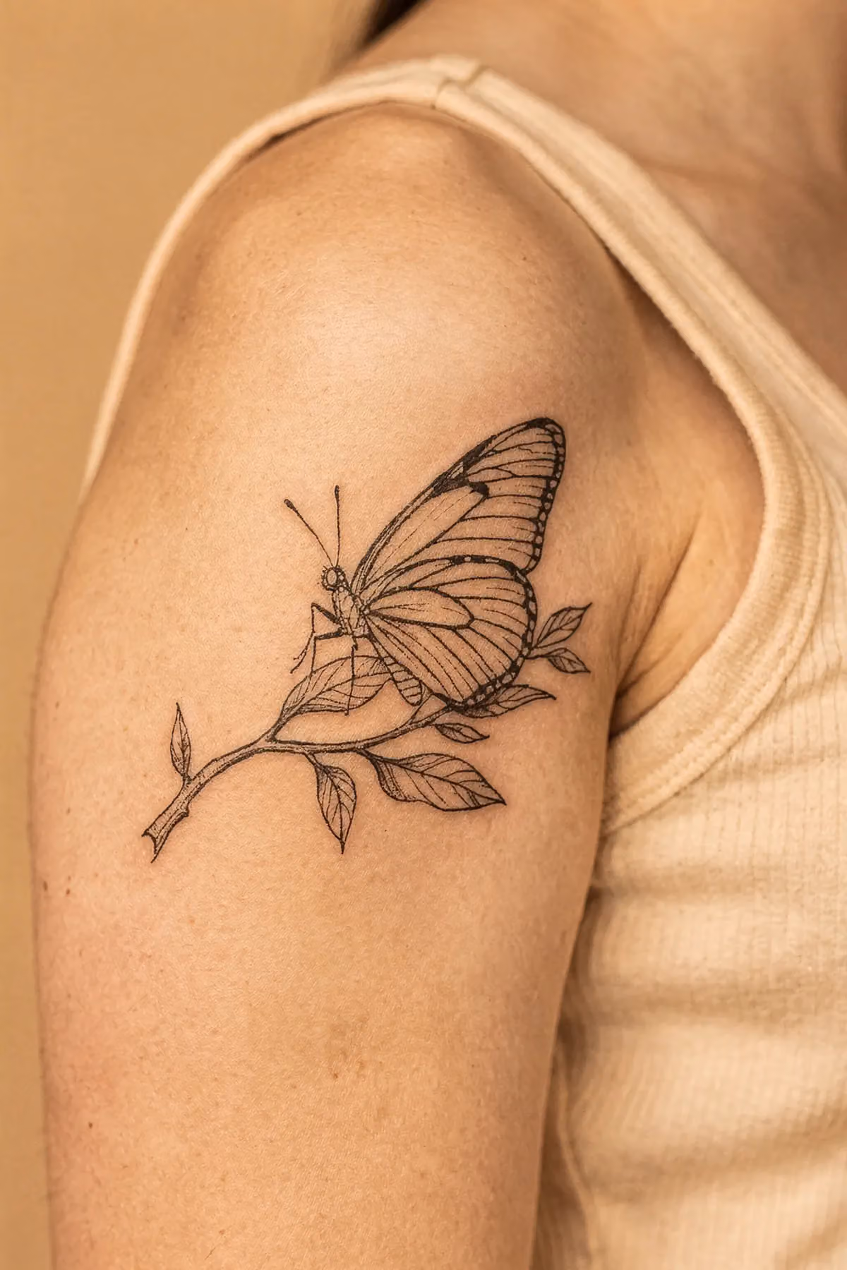 Rechte Schulter seitlich, feines Linien‑Schmetterlingstattoo auf botanischem Zweig unter Trägerkante