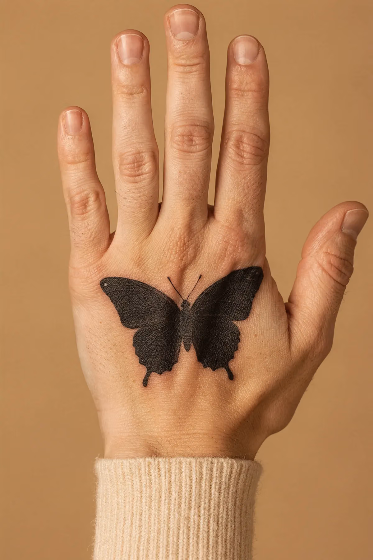 Rechte Hand, Schmetterling über Fingerknochen auf Handrücken, feine schwarze Linien.