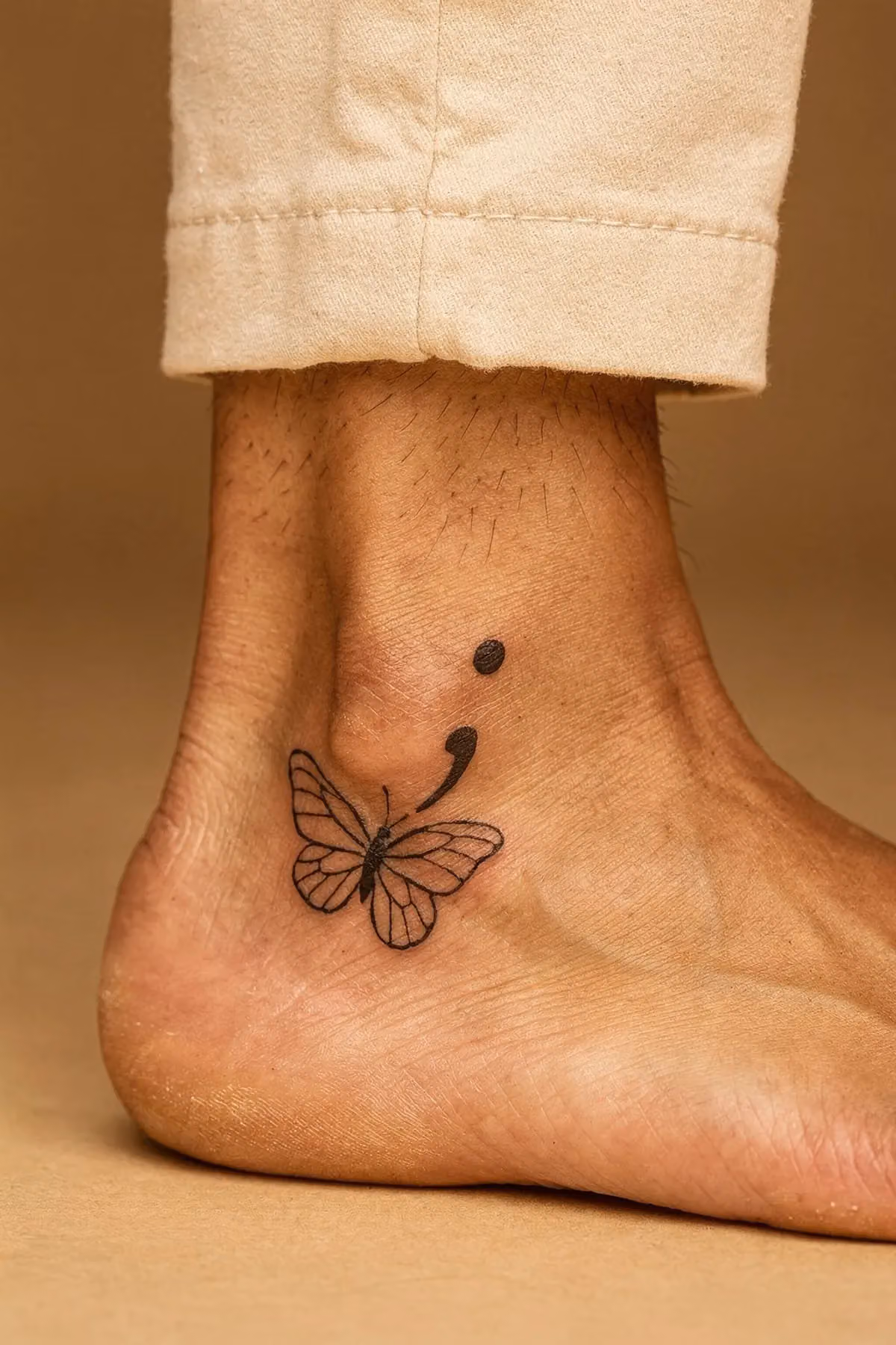 Außenknöchel mit einem minimalistischen Schmetterling-Tattoo, dessen Körper ein Semikolon ist und der Knochenform folgt