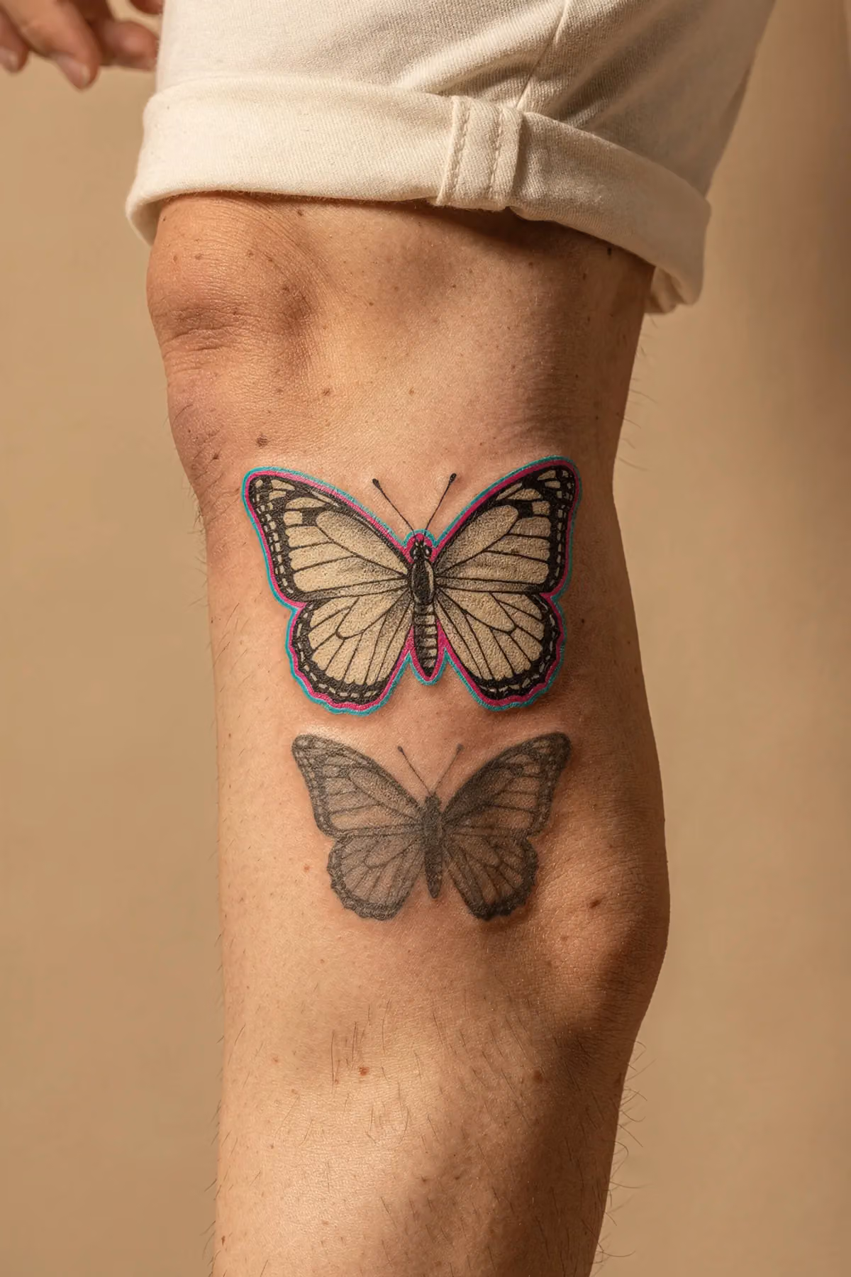 Schmetterlings-Tattoo auf der Wade mit Neon‑Cyan/Magenta‑Kontur und Graustufen‑Probe