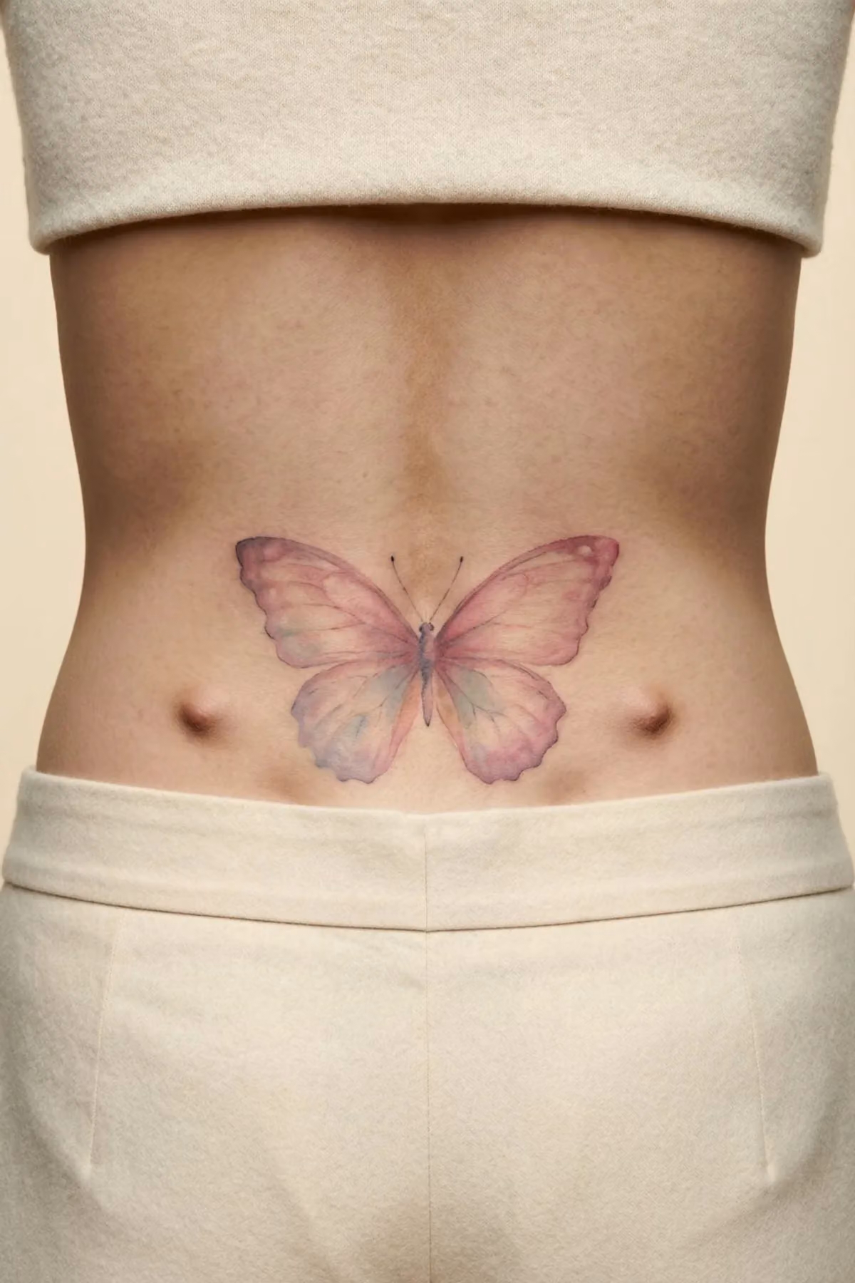 Aquarell-Schmetterling mit rosa-lila Flügeln zentral auf der Wirbelsäule einer Frau oberhalb der Taille