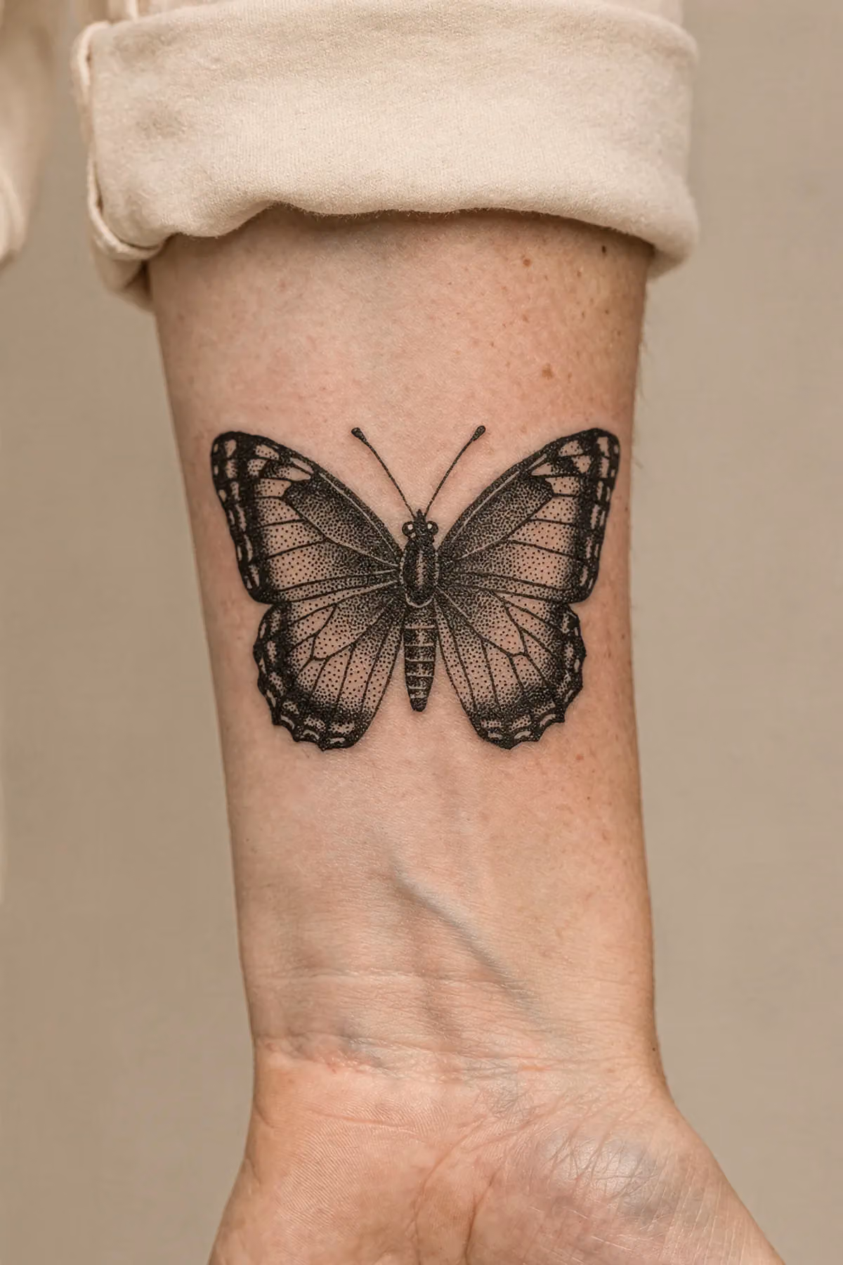 Schmetterling-Tattoo auf dem Unterarm, bei dem Schattierungen und Verläufe durch feine schwarze Punktarbeit erzeugt sind.