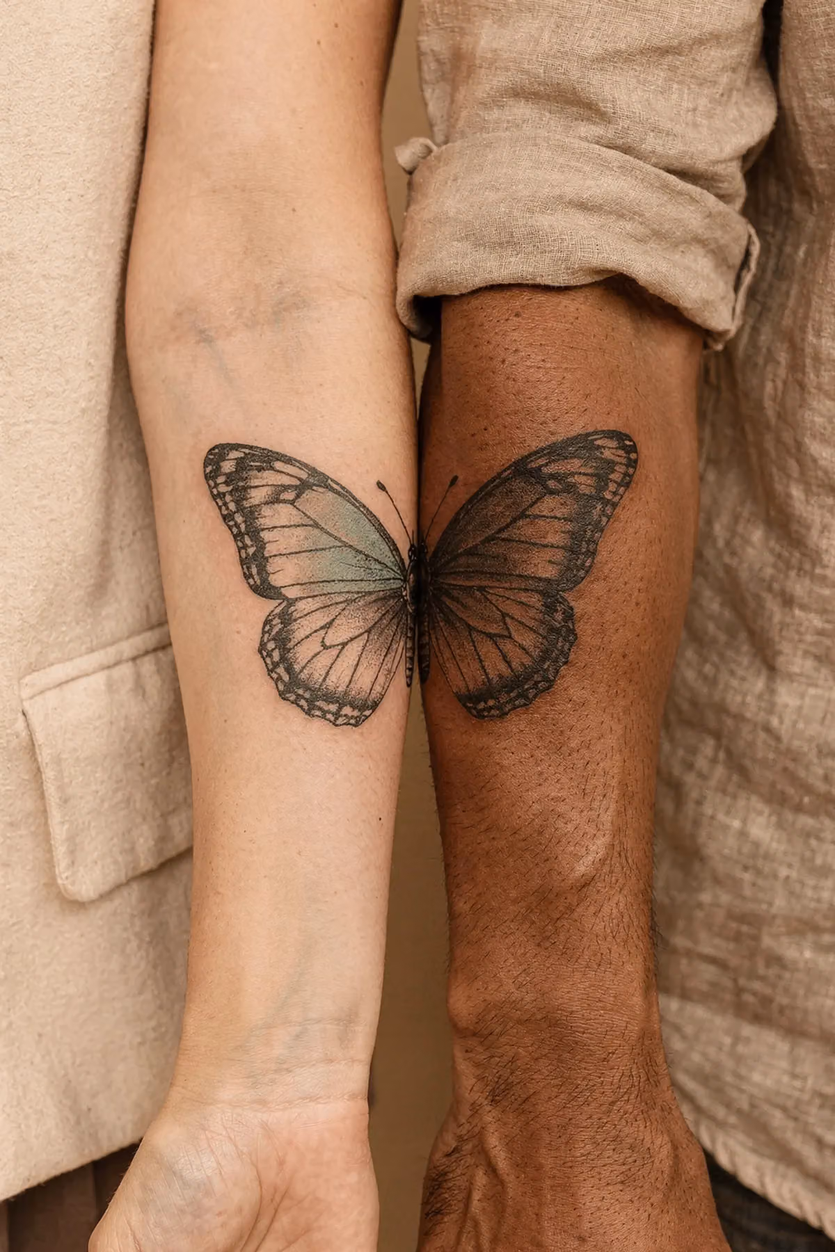 Zwei Unterarme liegen aneinander, deren Schmetterlings-Tattoo-Hälften sich zu einem vollständigen Flügelpaar ergänzen.