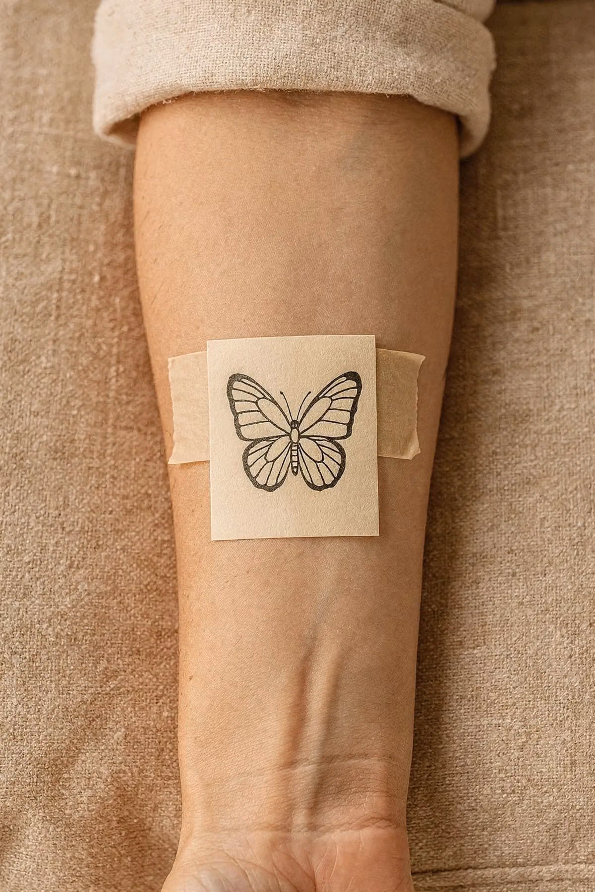 Ausgeschnittene Vorlage mit Falterumriss, mit Papierklebeband auf die Unterarminnenseite geklebt