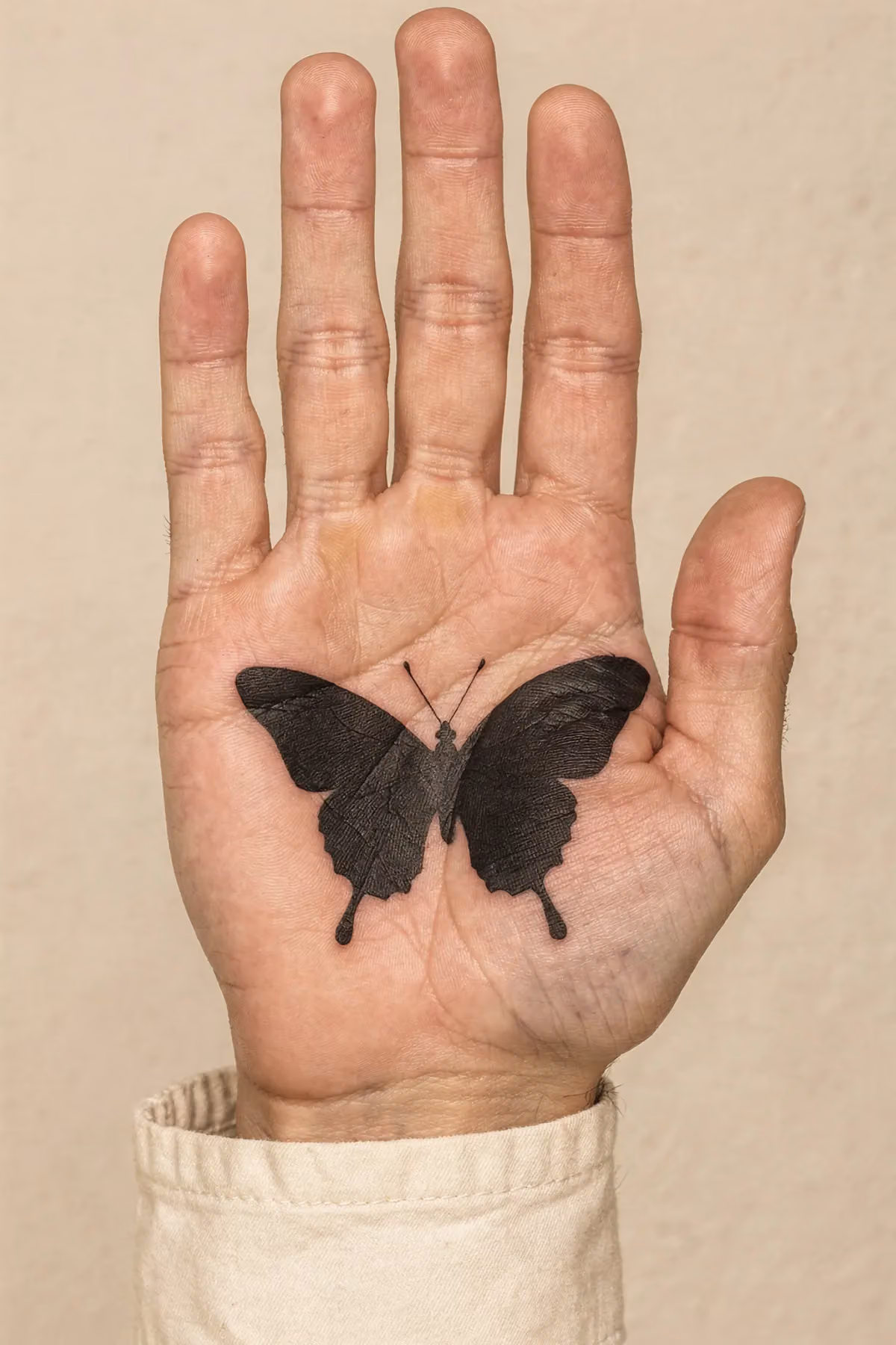 Linke Hand, schwarze Schmetterlings-Silhouette am Daumenansatz mit klaren Kanten.