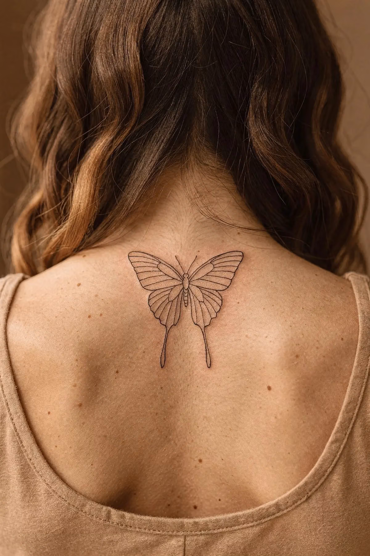 Fineline-Schwalbenschwanz-Tattoo zentral im Nacken, unter dem Haaransatz, Haare sanft zur Seite gelegt.