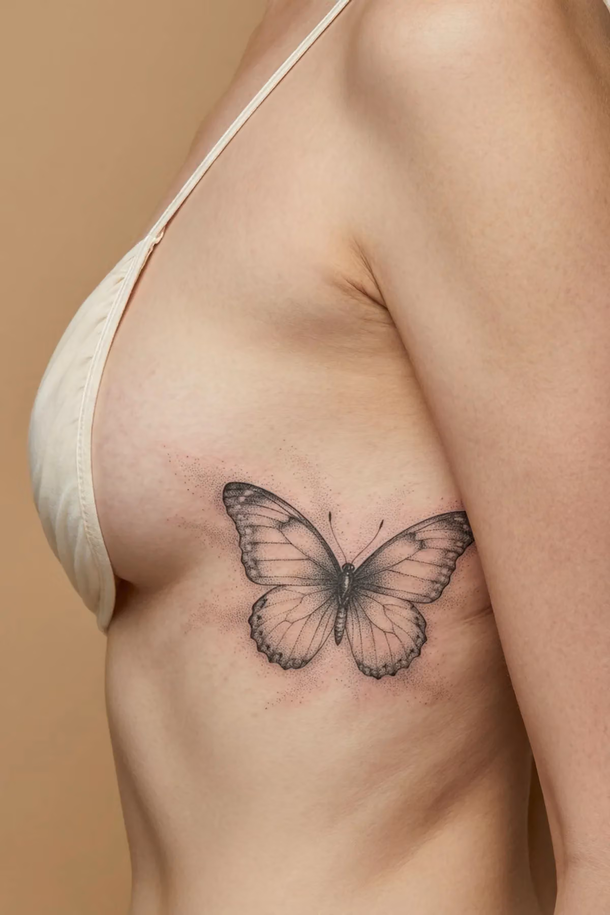 Monochromes Dotwork-Schmetterling-Tattoo wandert von der Rückenmitte zur rechten Flanke einer Frau