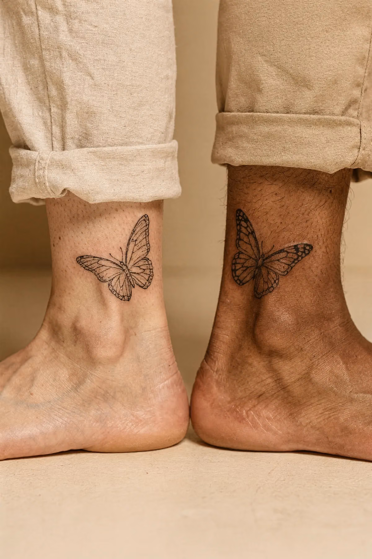 Zwei Knöchel mit identischen Schmetterlings-Tattoos, bei ihr innen und bei ihm außen, in feiner schwarzer Linienarbeit.