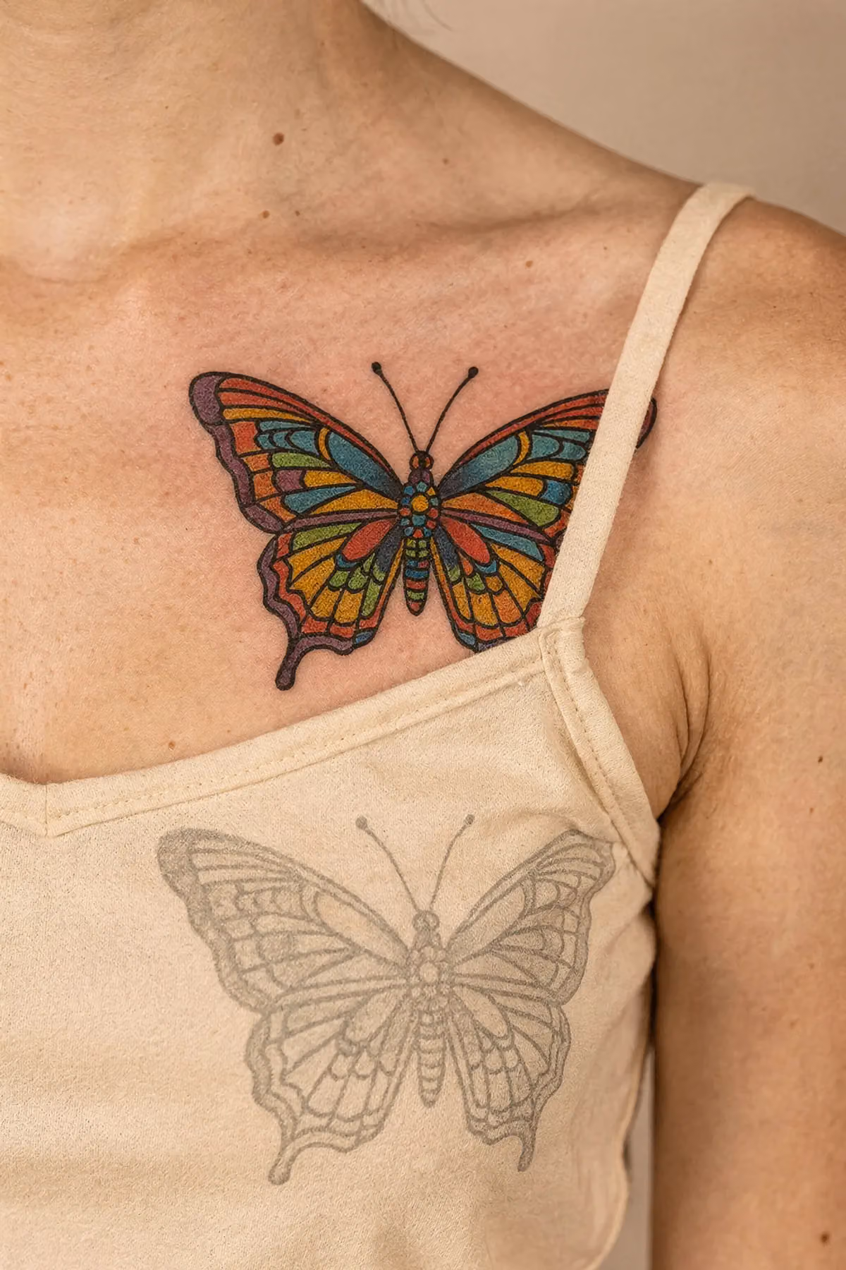 Schmetterlings-Tattoo am Schlüsselbein mit mandalaartigem Körper und satten Farbflächen, Graustufenprobe