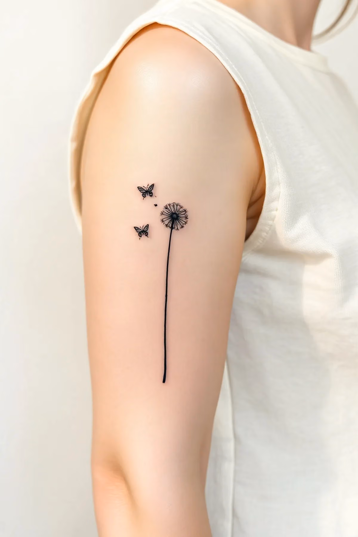 Minimalistische Pusteblume am Oberarm mit zwei kleinen Faltern in klarer Linienführung