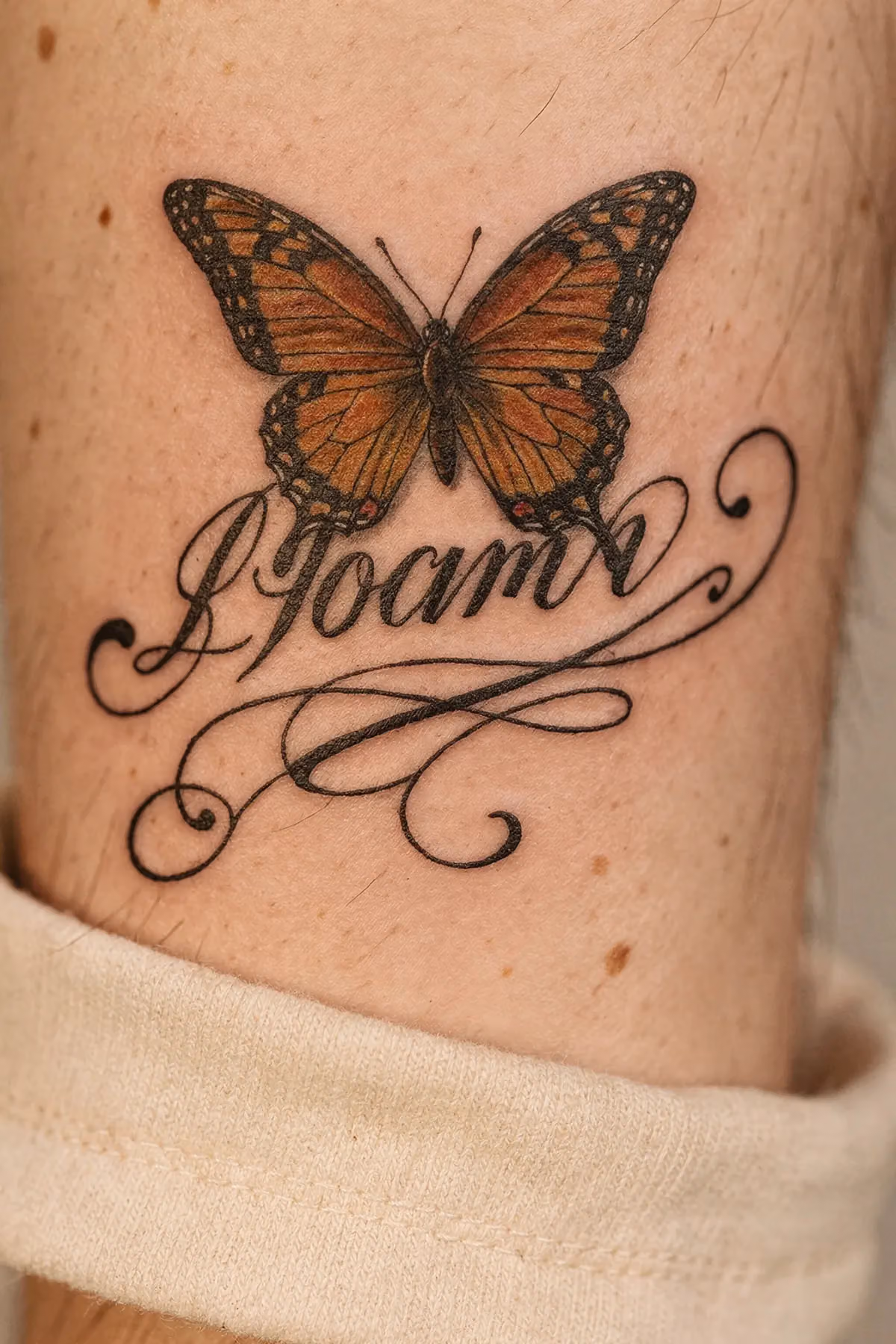Dynamisch fliegender Schmetterling überspannt einen elegant geschwungenen Namen.