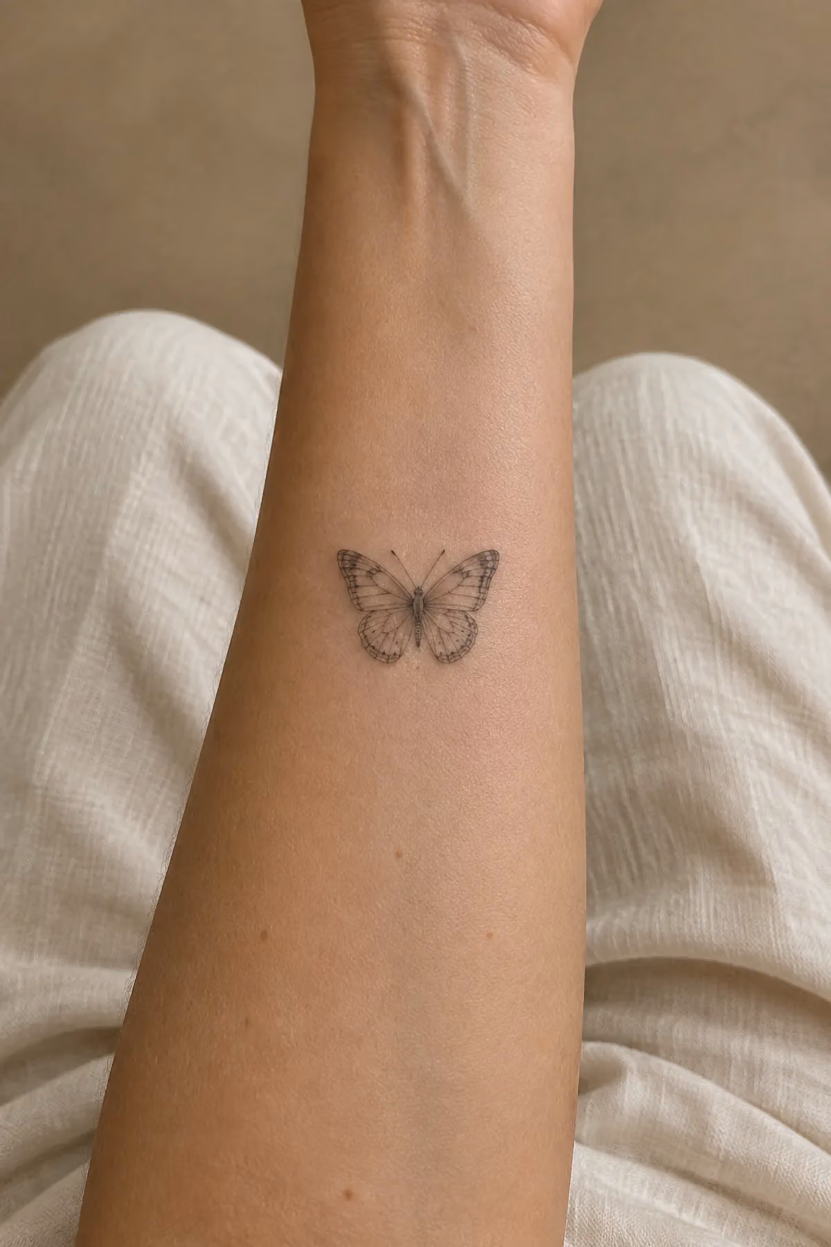 Schwarzes feines Schmetterling-Tattoo auf der Unterarm-Innenseite, zum Handgelenk hin ausgerichtet.