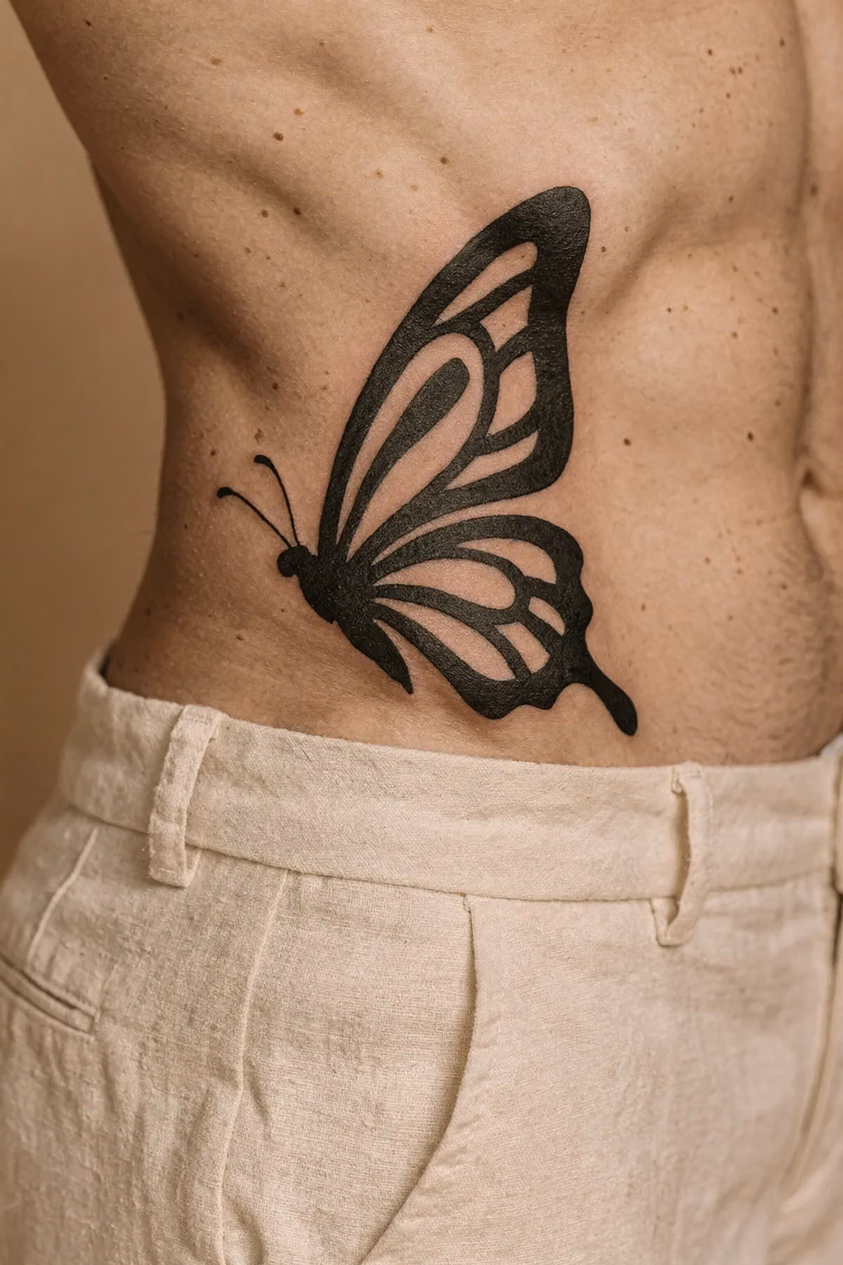 Großes, abstraktes Tribal-Schmetterlings-Tattoo mit klaren Formen und Kanten, das den Rippenbogen entlangläuft.