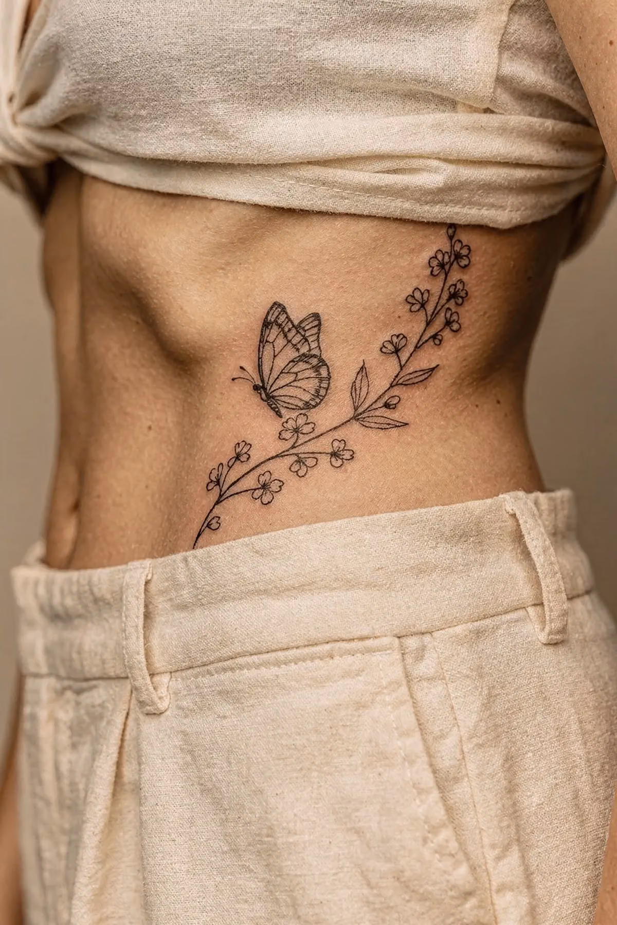 Seitliche Taille mit einem kleinen Schmetterling-Tattoo und einer floralen Ranke entlang der Taillenlinie.
